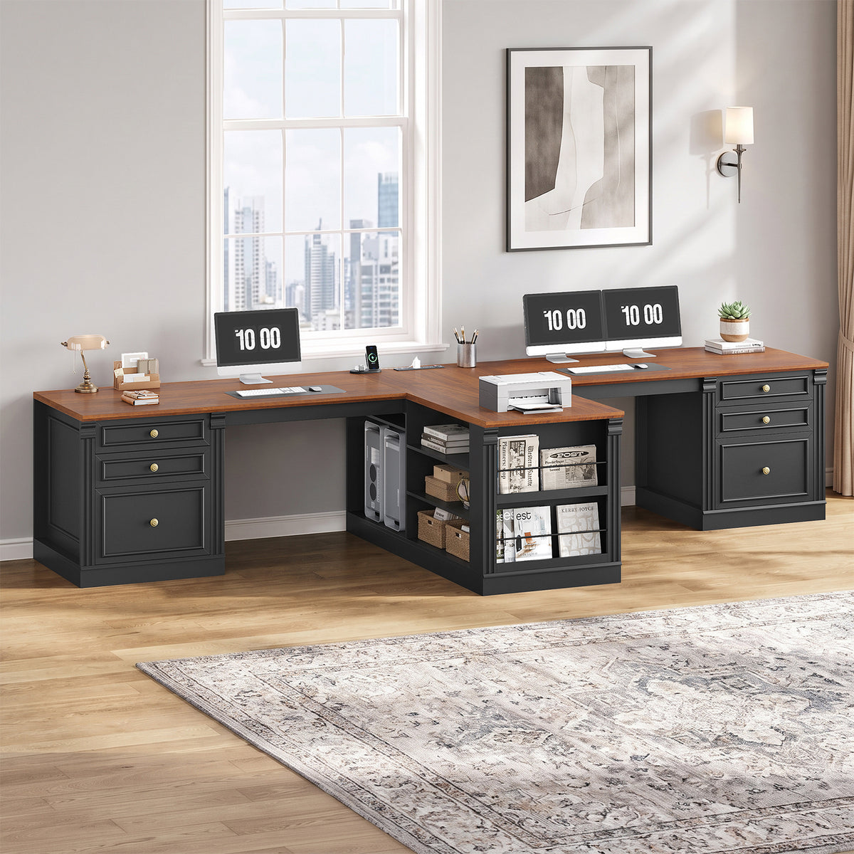 106.3 Inch Two Person Desk T Shaped Workstation Black and Brown