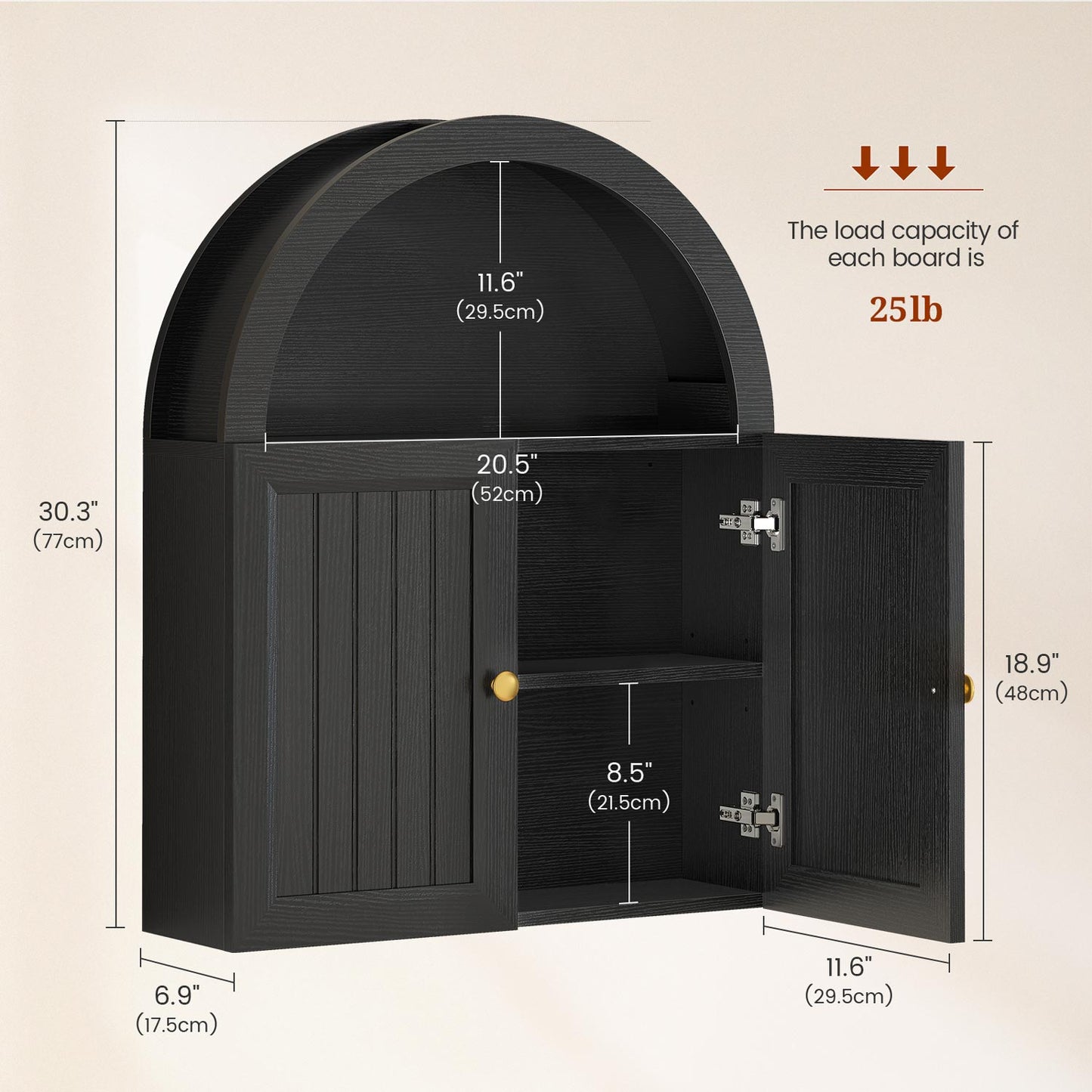 23.6 x 30.3" Arched Bathroom Wall Cabinet Black