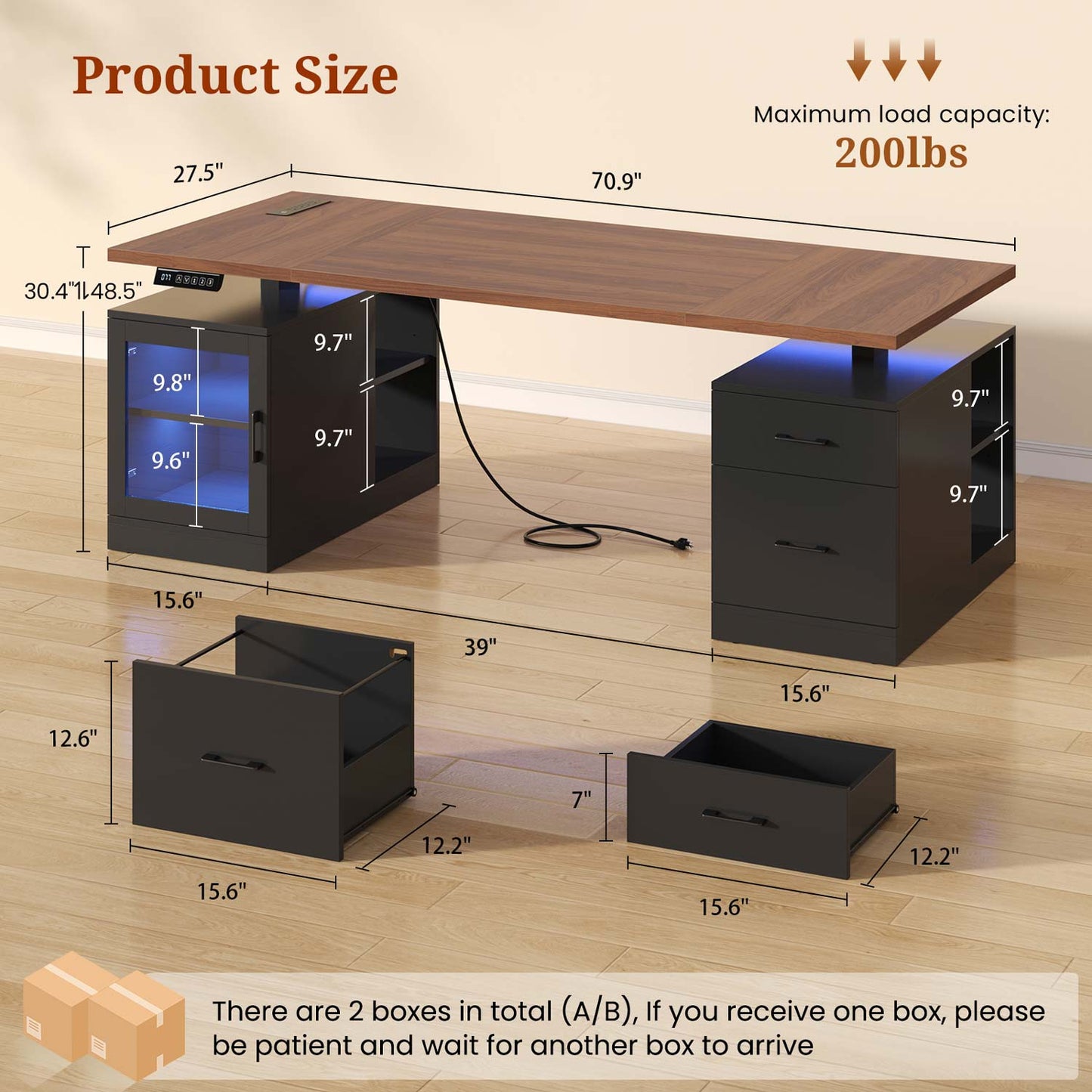 71" Electric Standing Desk with Drawers Glass Cabinet LED Walnut