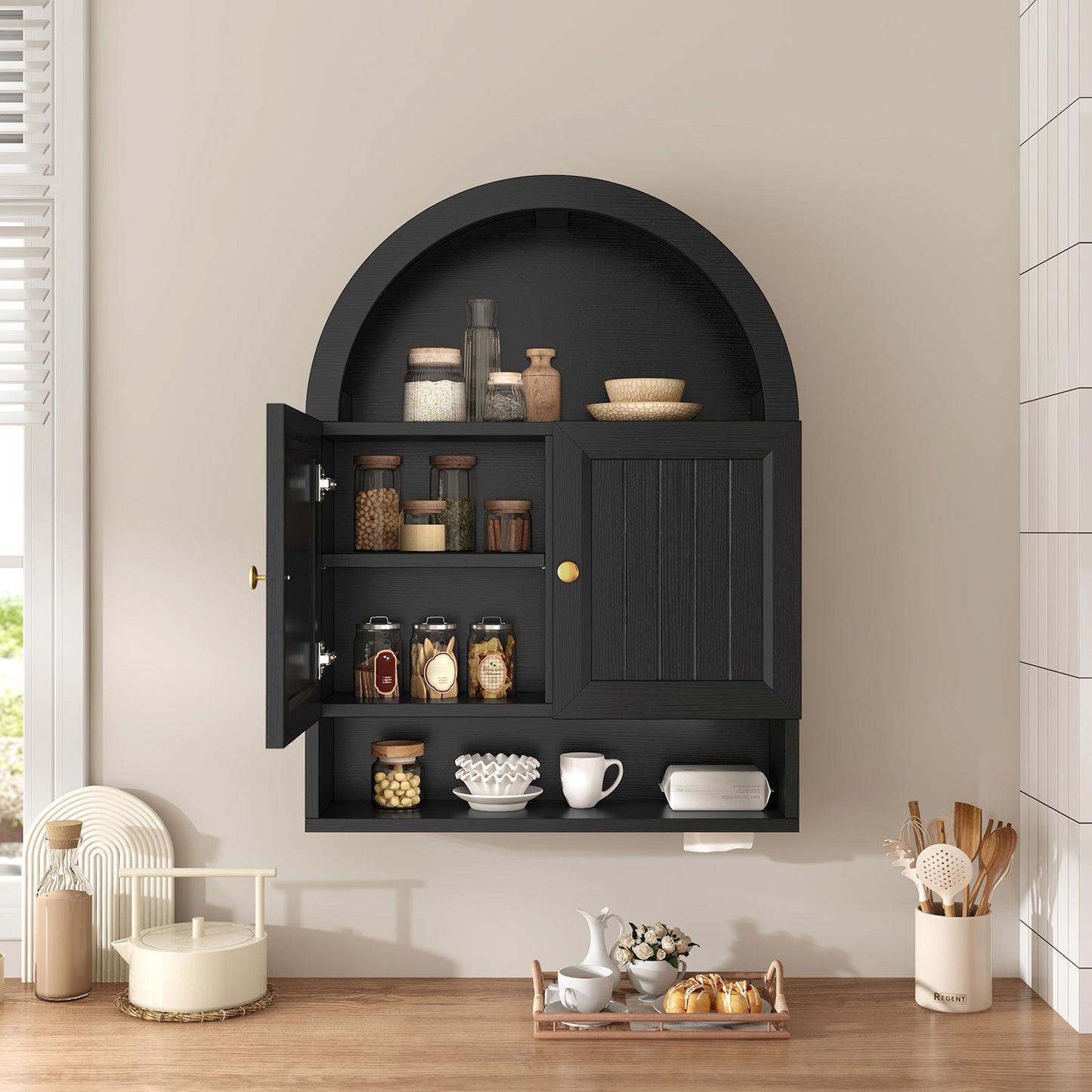 Arched Bathroom Wall Cabinet with Adjustable Shelves Black