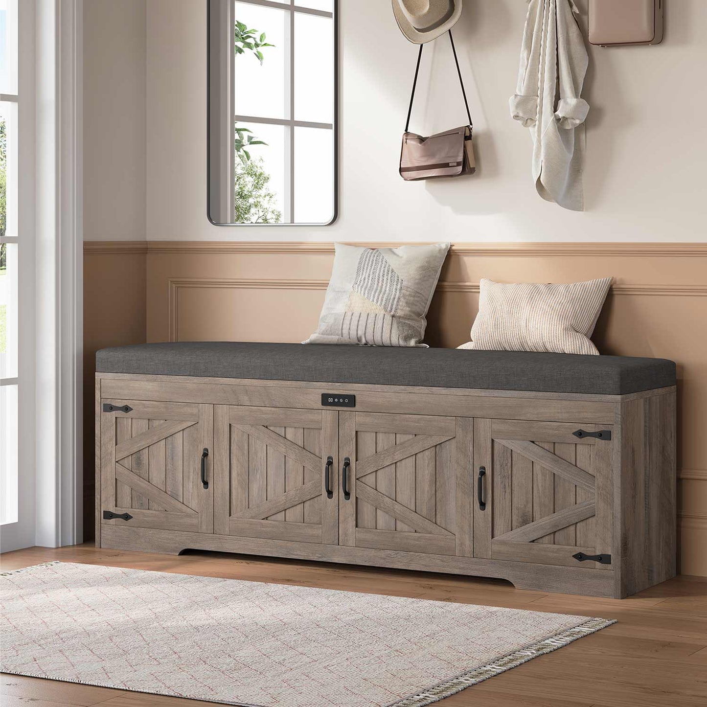 60" Entryway Storage Bench with Cushioned Seat Gray Wash