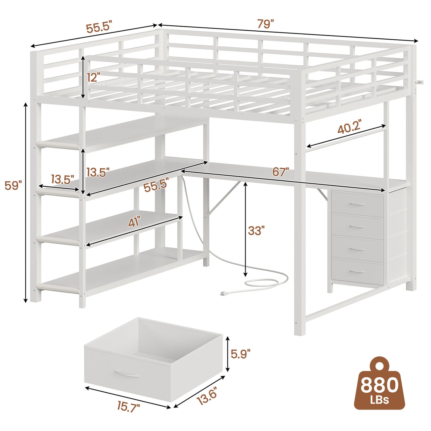 Full Size Loft Bed with L Shaped Desk LED Light and Storage White