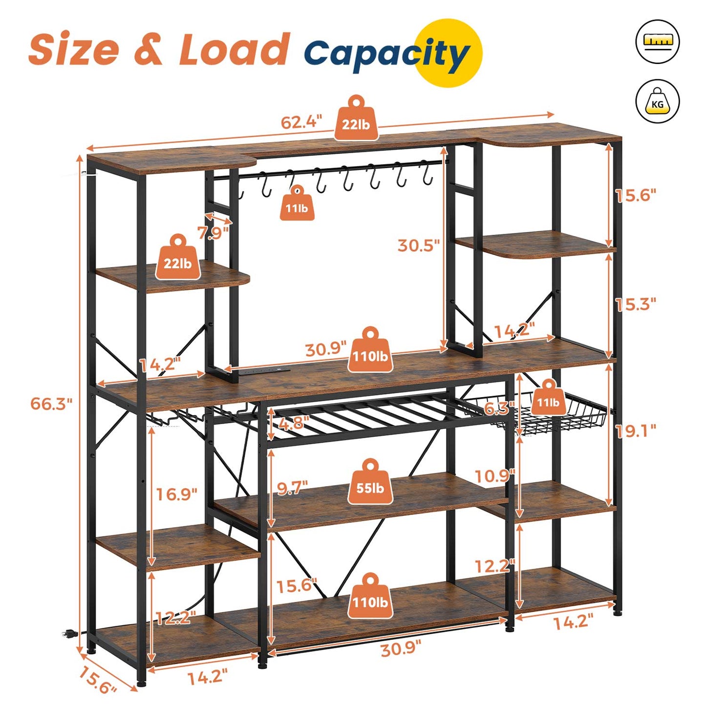 Large Bakers Rack with Power Outlet & Storage Shelves Rustic Brown