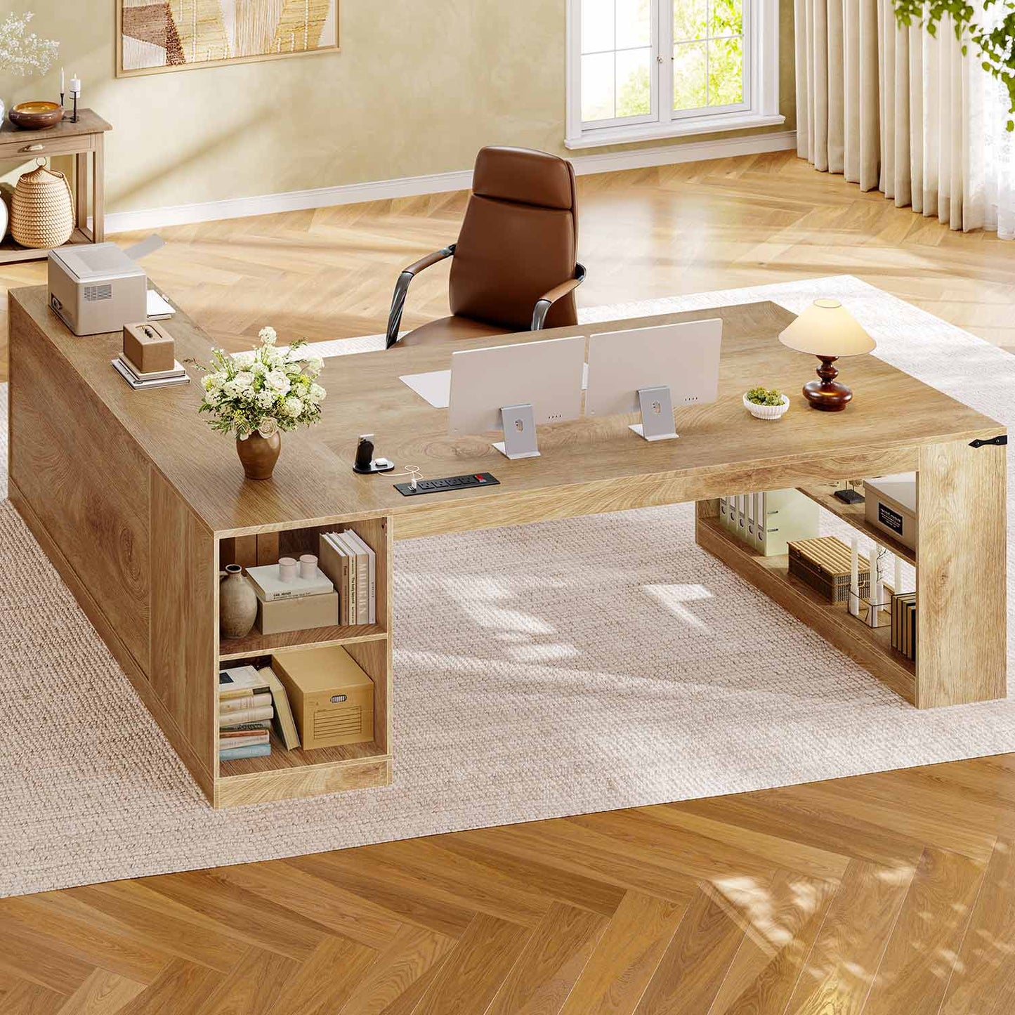 71" L Shaped Executive Desk with Drawers & Power Outlets Oak