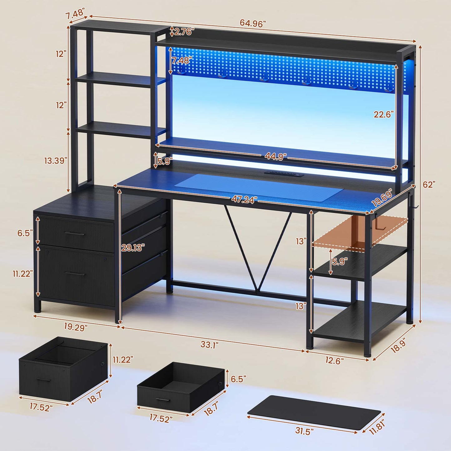 Reversible Computer Desk with Power Outlets & LED Light Black