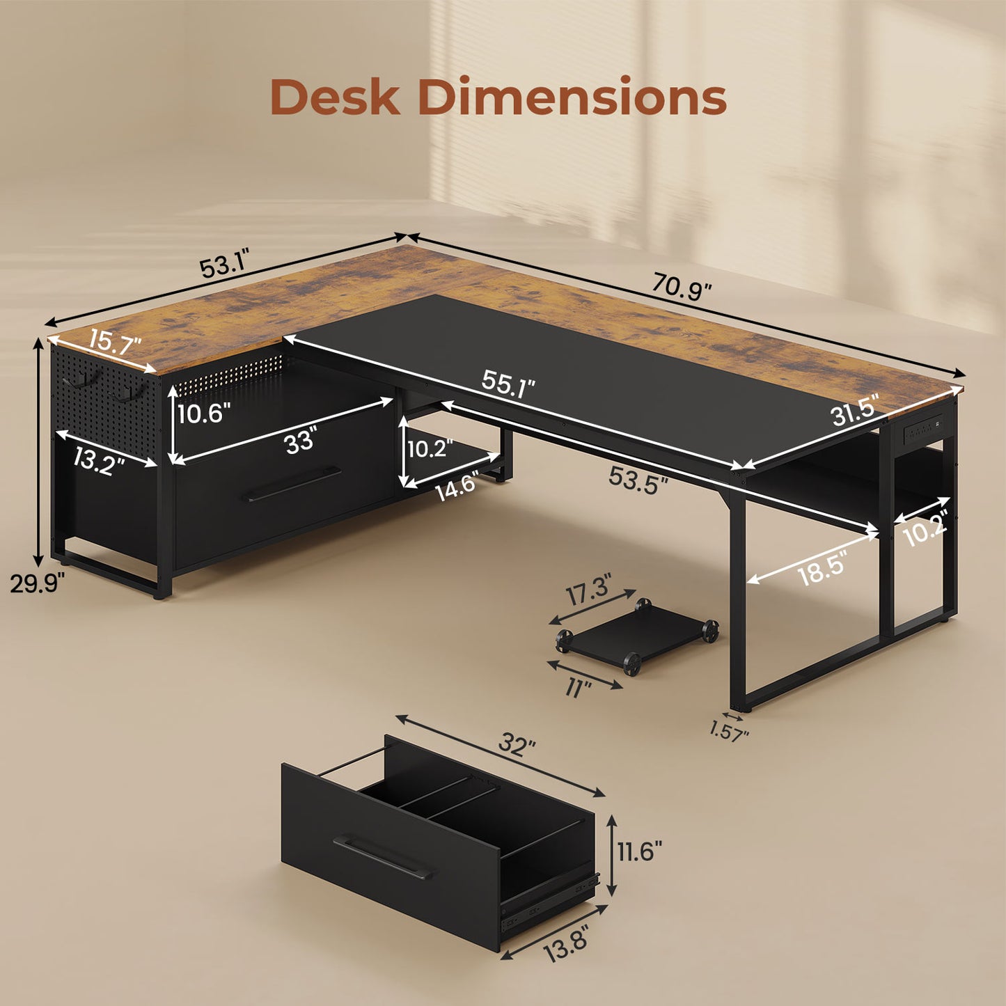 71 in Reversible L Shaped Executive Desk Brown