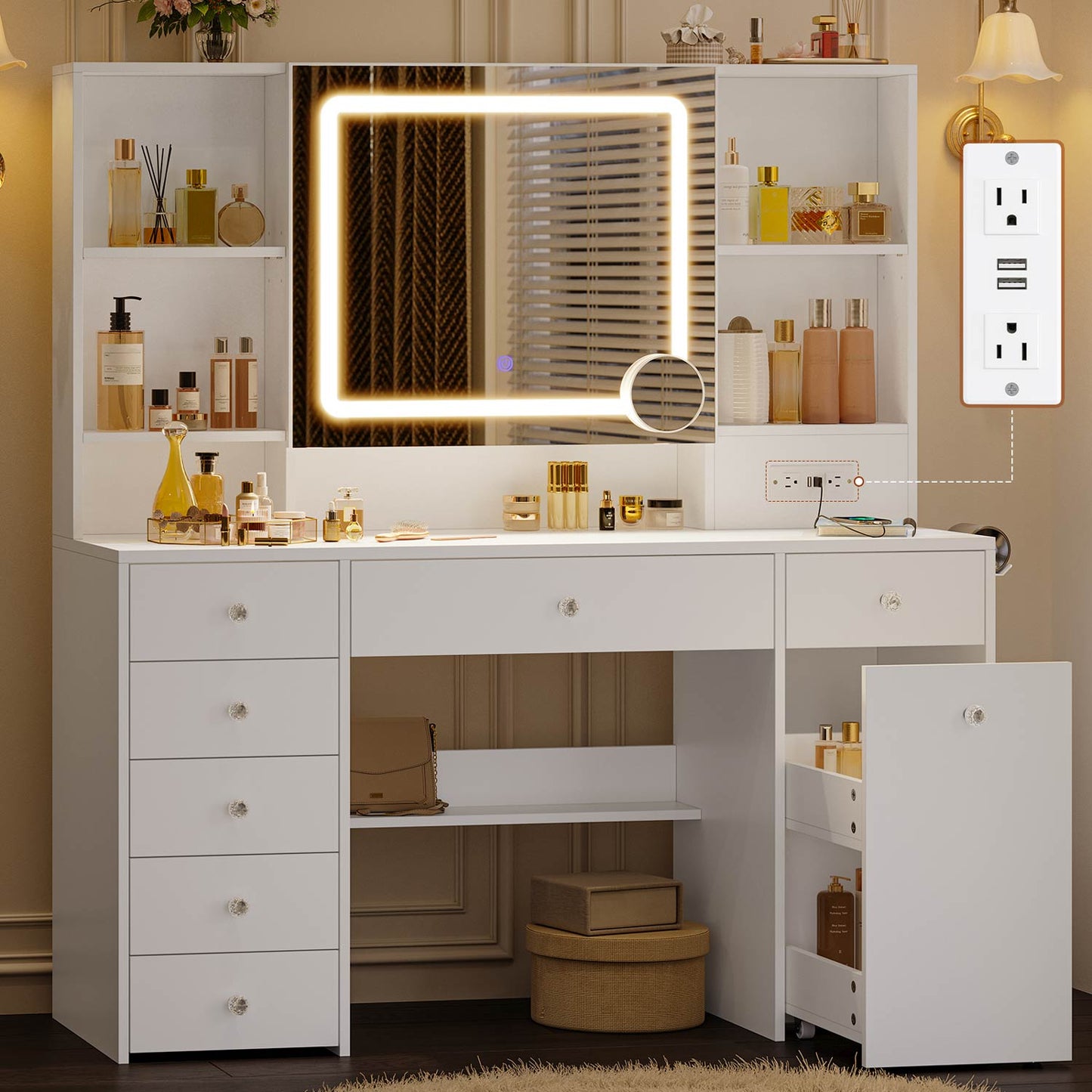 47.2“ Large Makeup Vanity with Pull-Out LED Mirror White