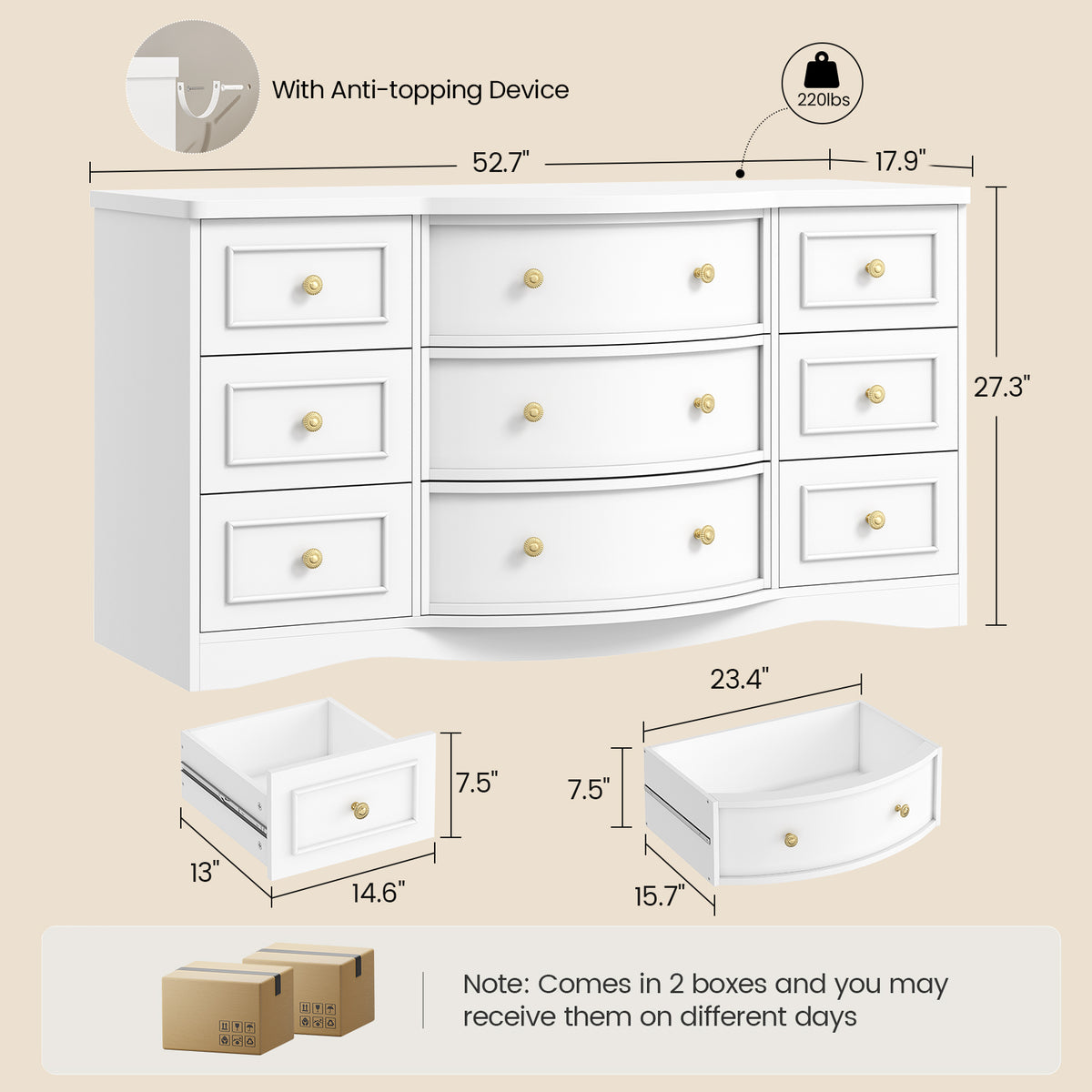 9 Drawer Dresser with Triple Arc Front White
