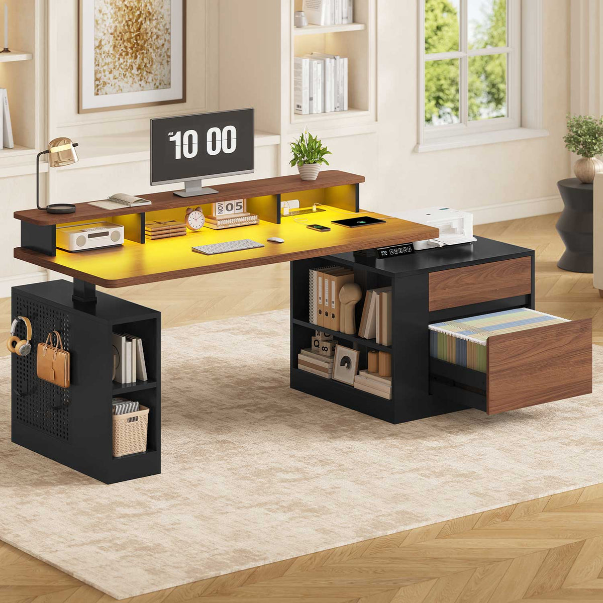 70" Electric Standing Desk with Storage LED Lights & Power Black&Walnut