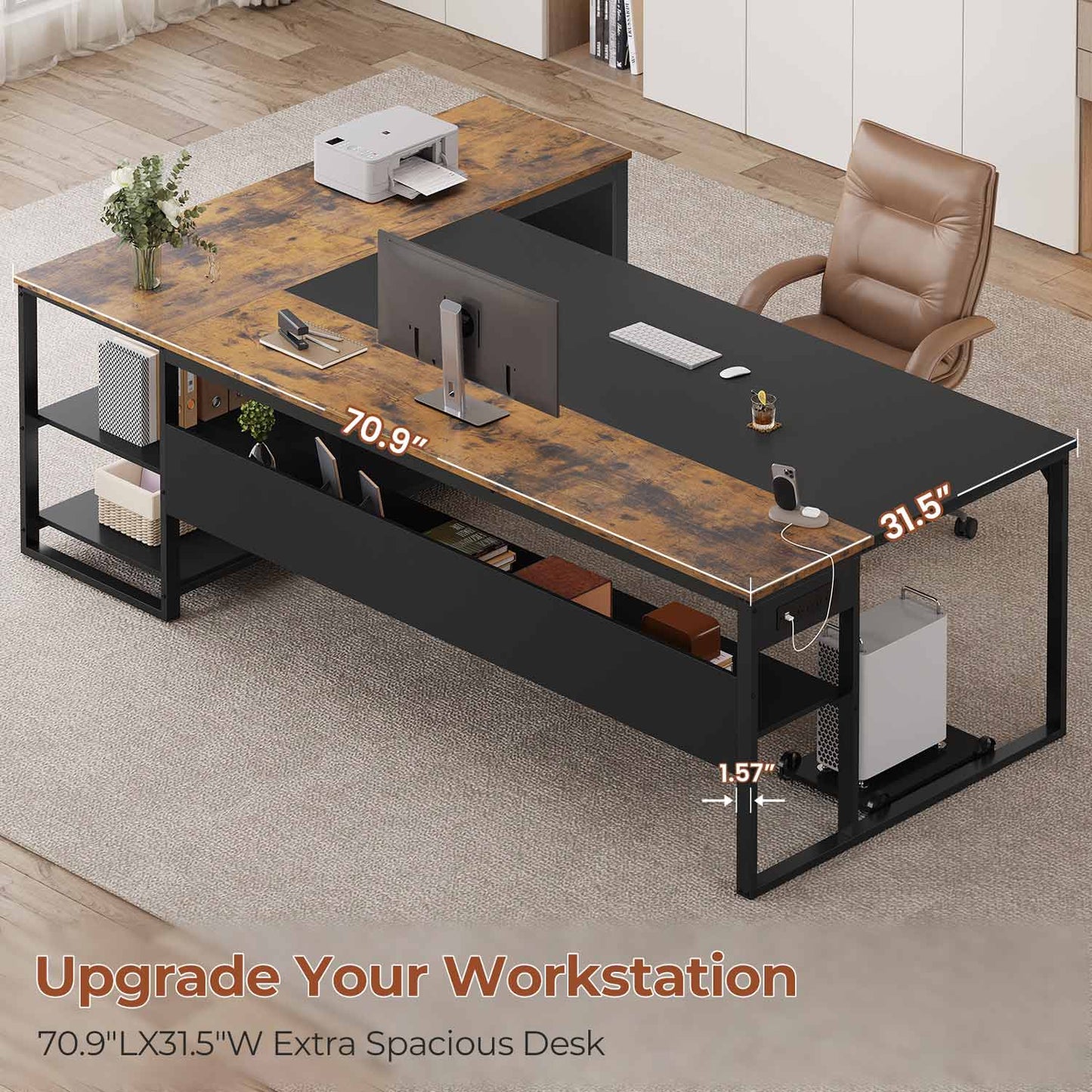 71 in Reversible L Shaped Executive Desk Brown