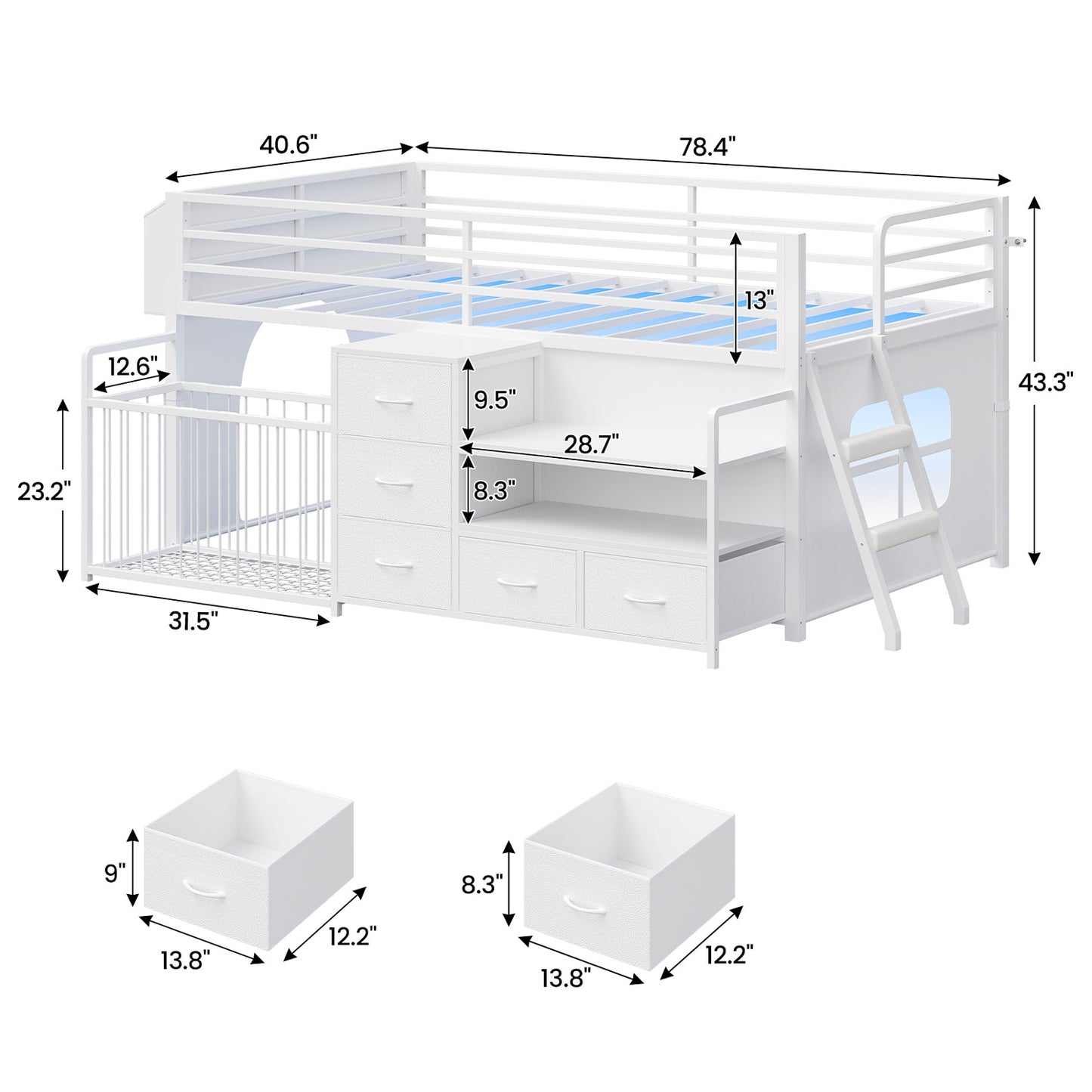 Twin Size Low Loft Bed with Storage Shelves Drawers and LED Lights White