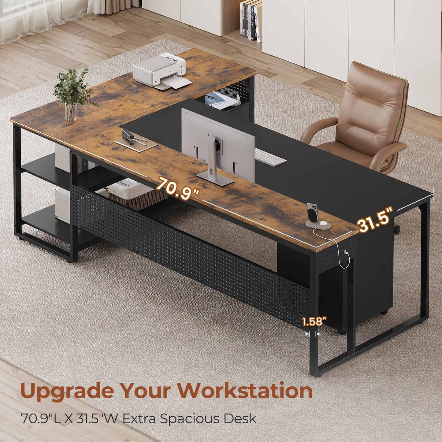 71 in Reversible L Shaped Executive Desk Brown