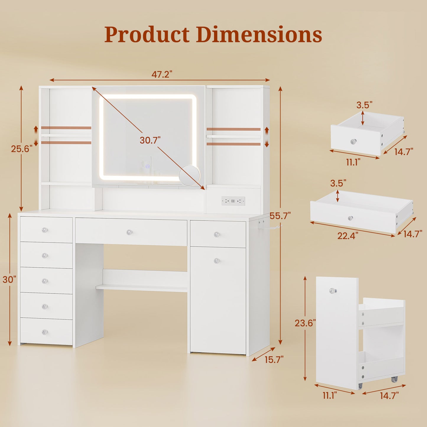 47.2“ Large Makeup Vanity with Pull-Out LED Mirror White