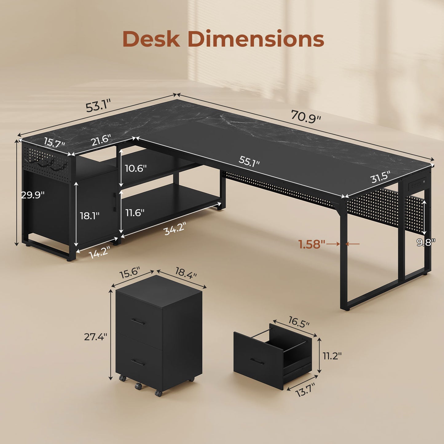 71" Reversible L Shaped Executive Desk with Power Outlets & Storage Shelves Black