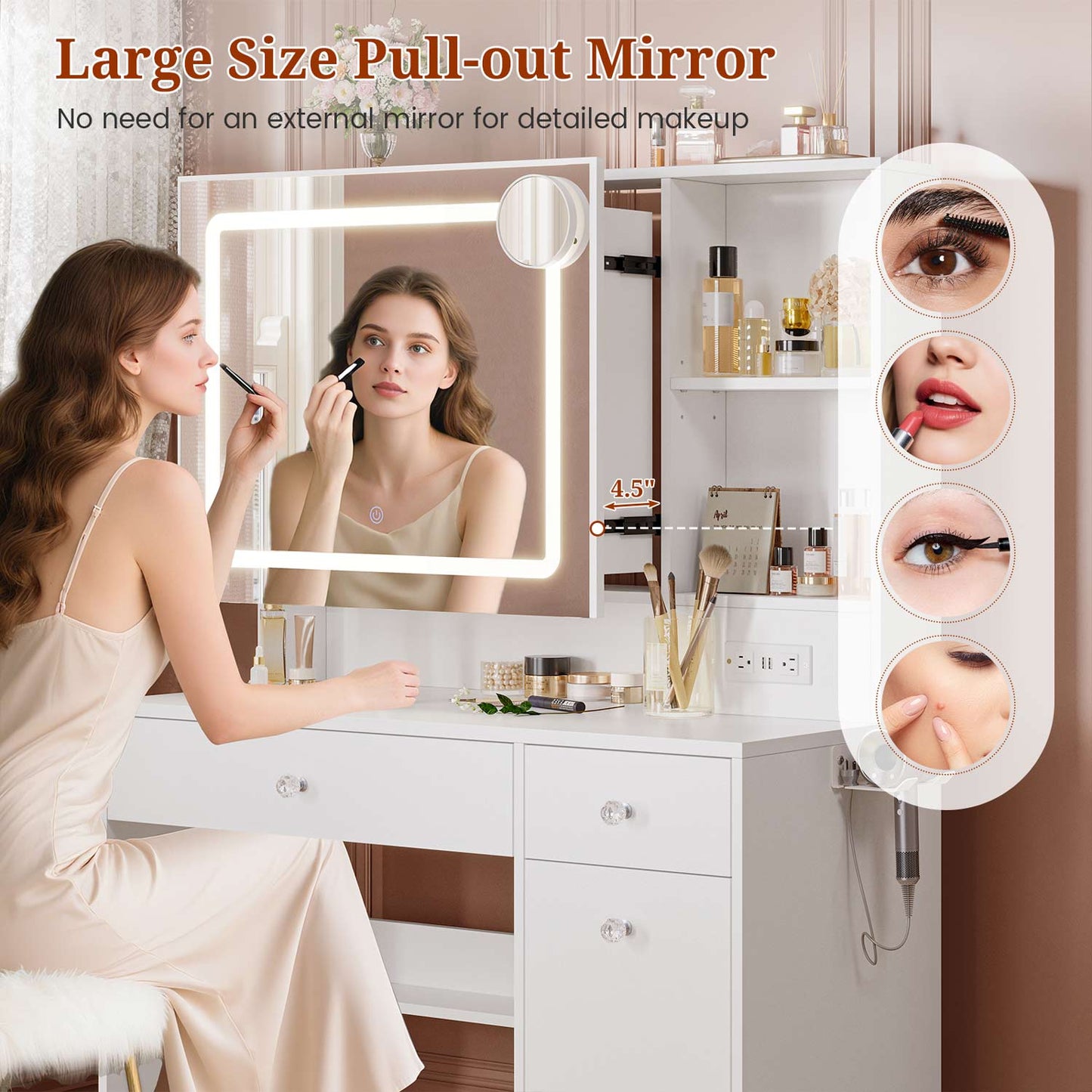 35.4" Normal Makeup Vanity with Pull-Out LED Mirror White