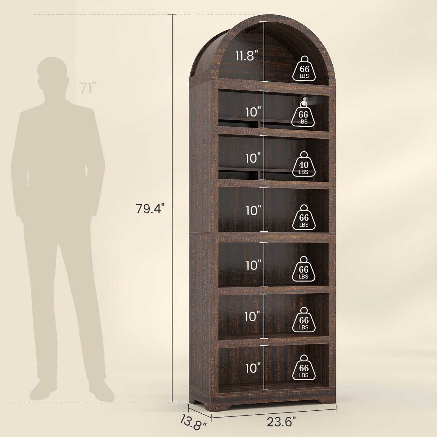 79.4" Tall Arched Cabinet with RGB Light & Adjustable Shelf Walnut