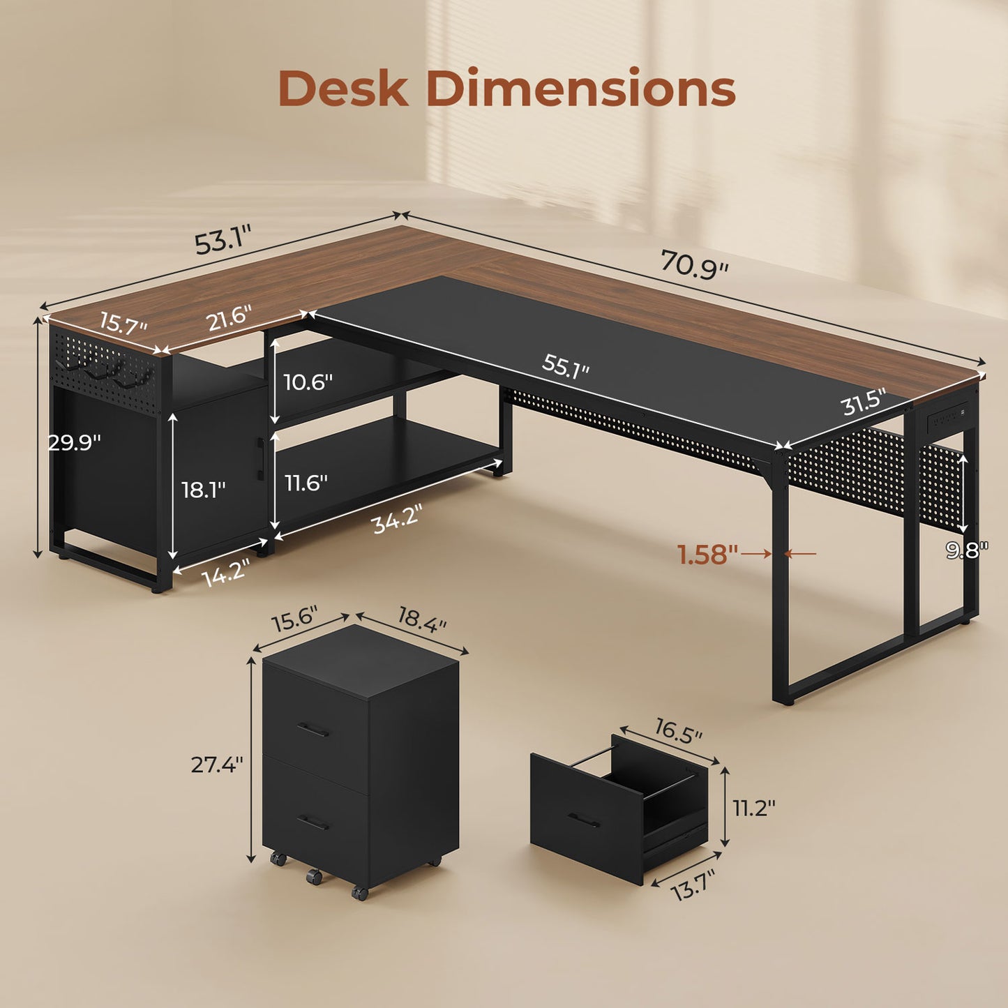 71" Reversible L Shaped Desk with Power Outlets Walnut