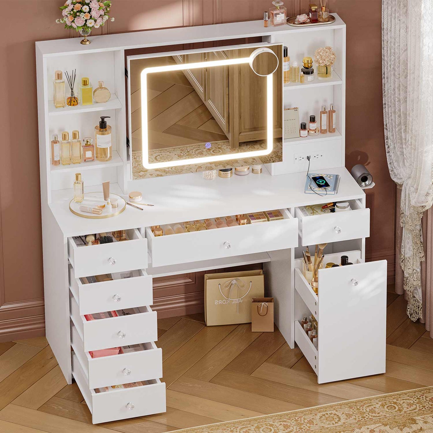 47.2“ Large Makeup Vanity with Pull-Out LED Mirror White