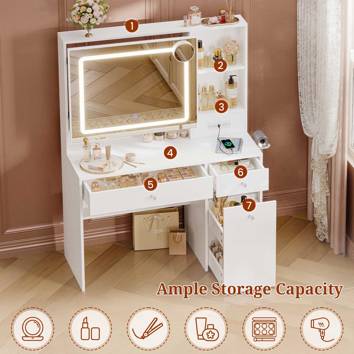 35.4" Normal Makeup Vanity with Pull-Out LED Mirror White