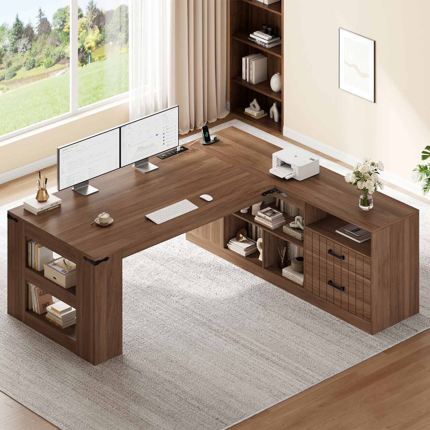 71" L Shaped Executive Desk with Storage and Power Walnut