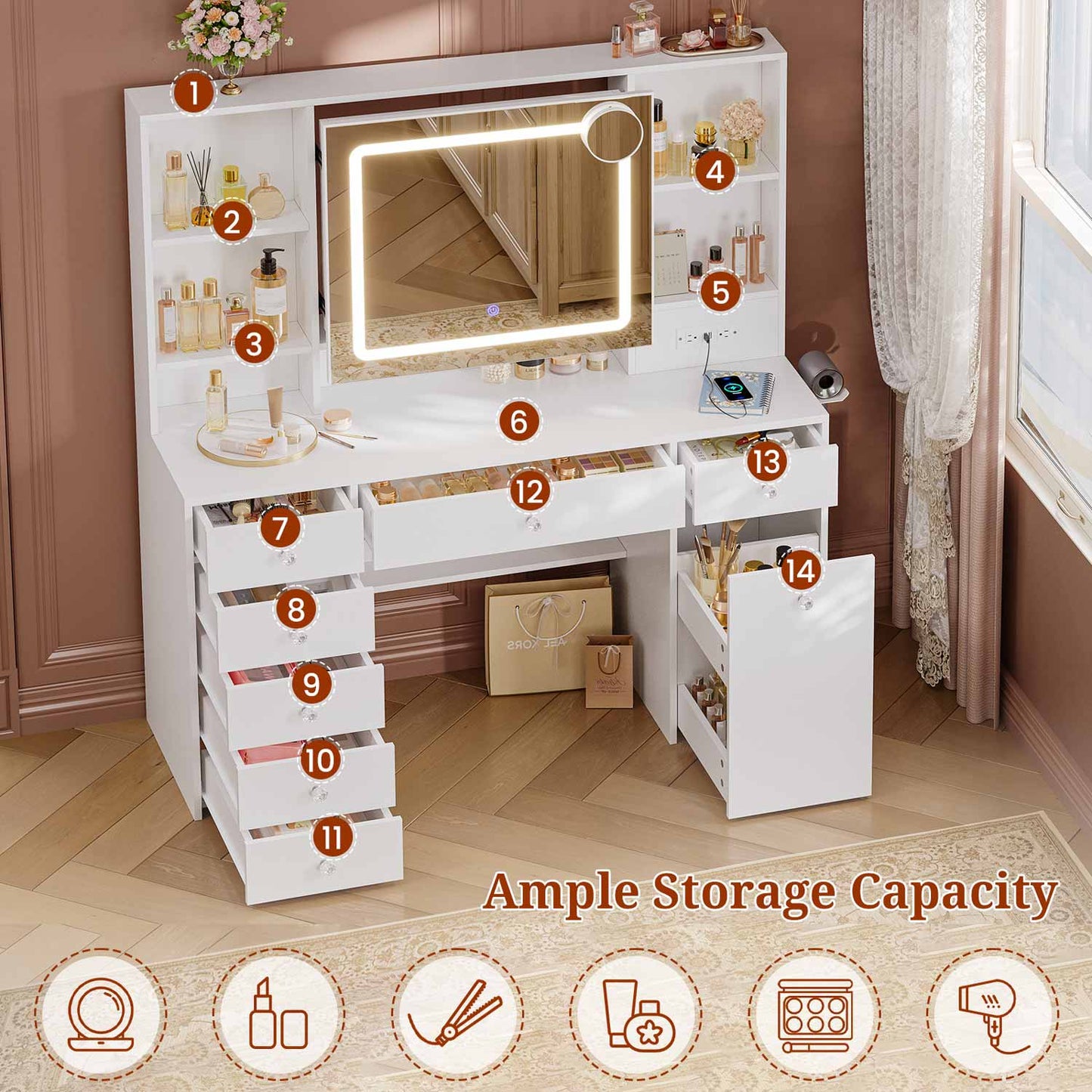 47.2“ Large Makeup Vanity with Pull-Out LED Mirror White