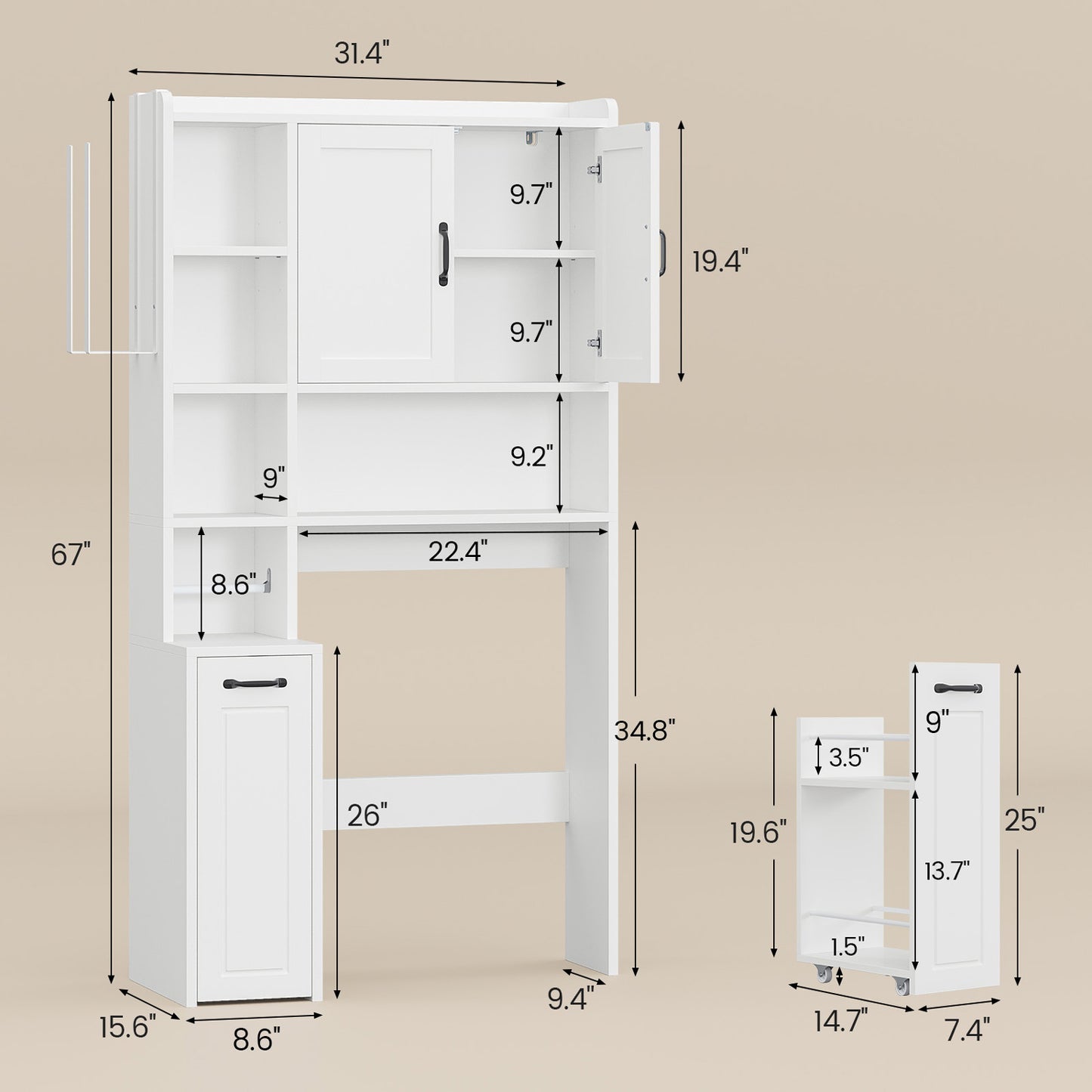 Over The Toilet Storage Cabinet with Pulley White