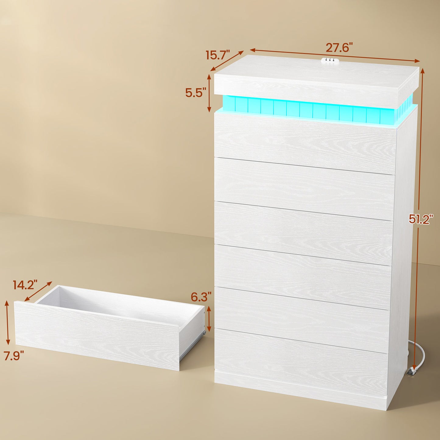 Tall White 6 Dresser with Sliding Top Storage Space