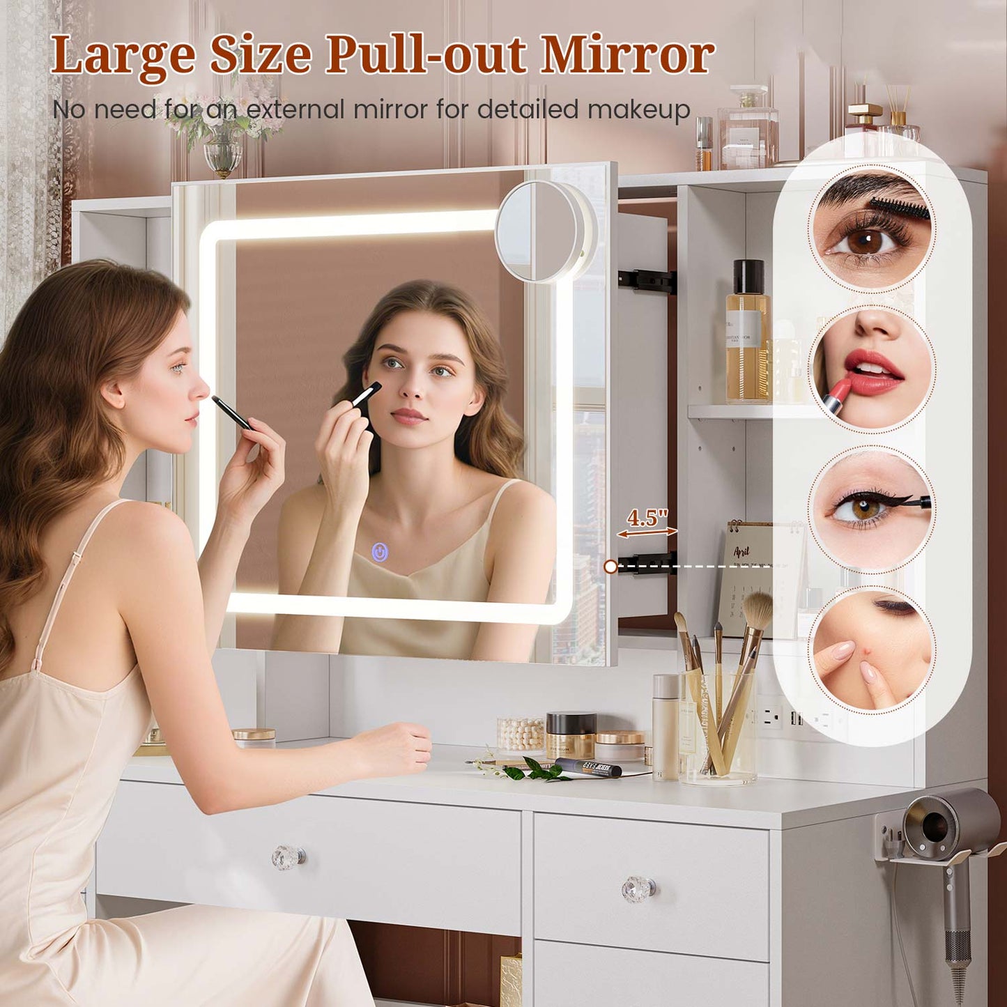 47.2“ Large Makeup Vanity with Pull-Out LED Mirror White