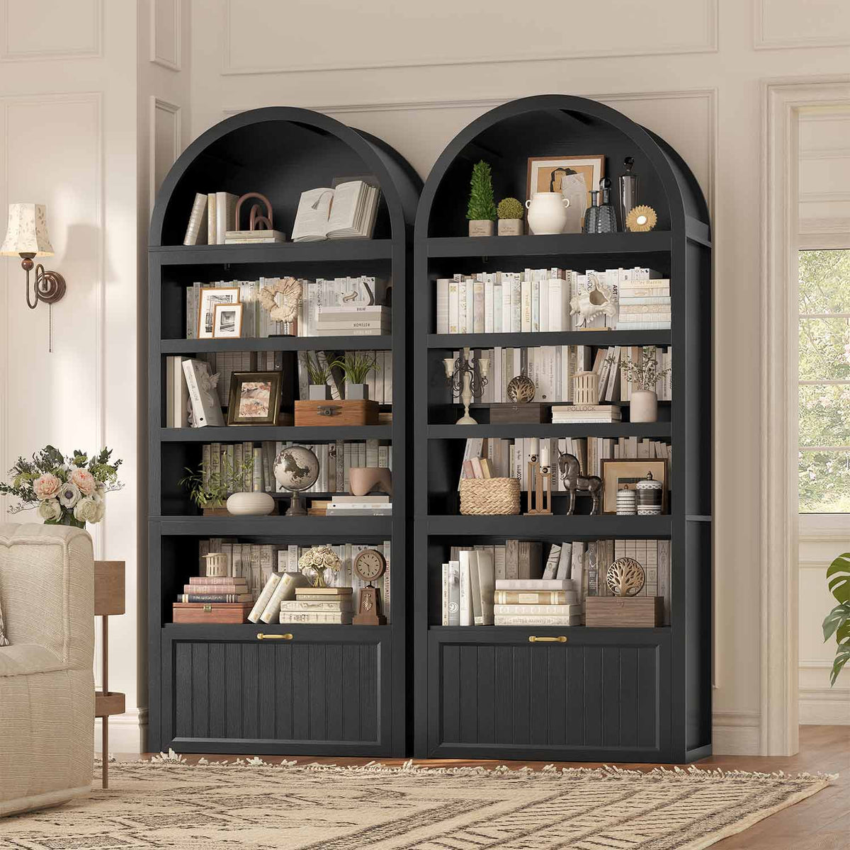81" Arched Bookcase with 6-Tier Storage & Cabinet Black