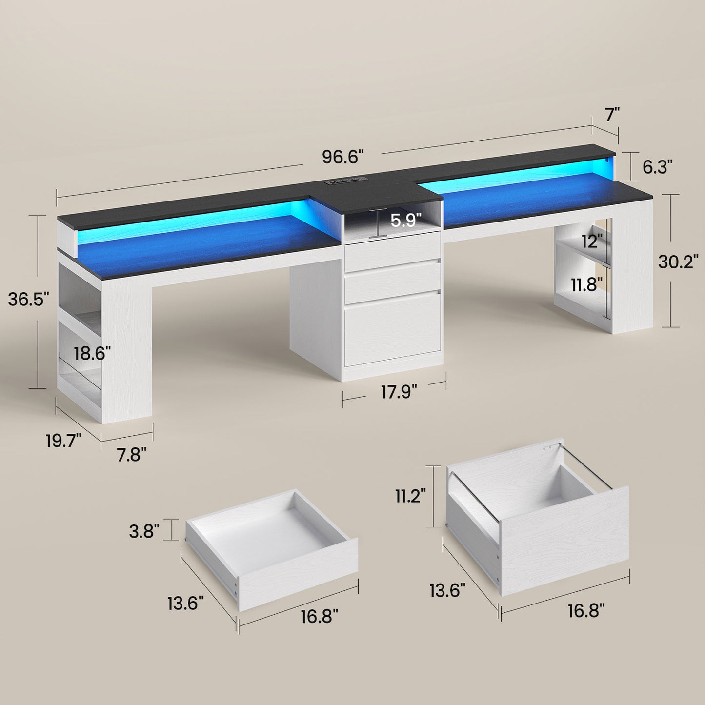 2 Person Desk with File Drawers & Storage White