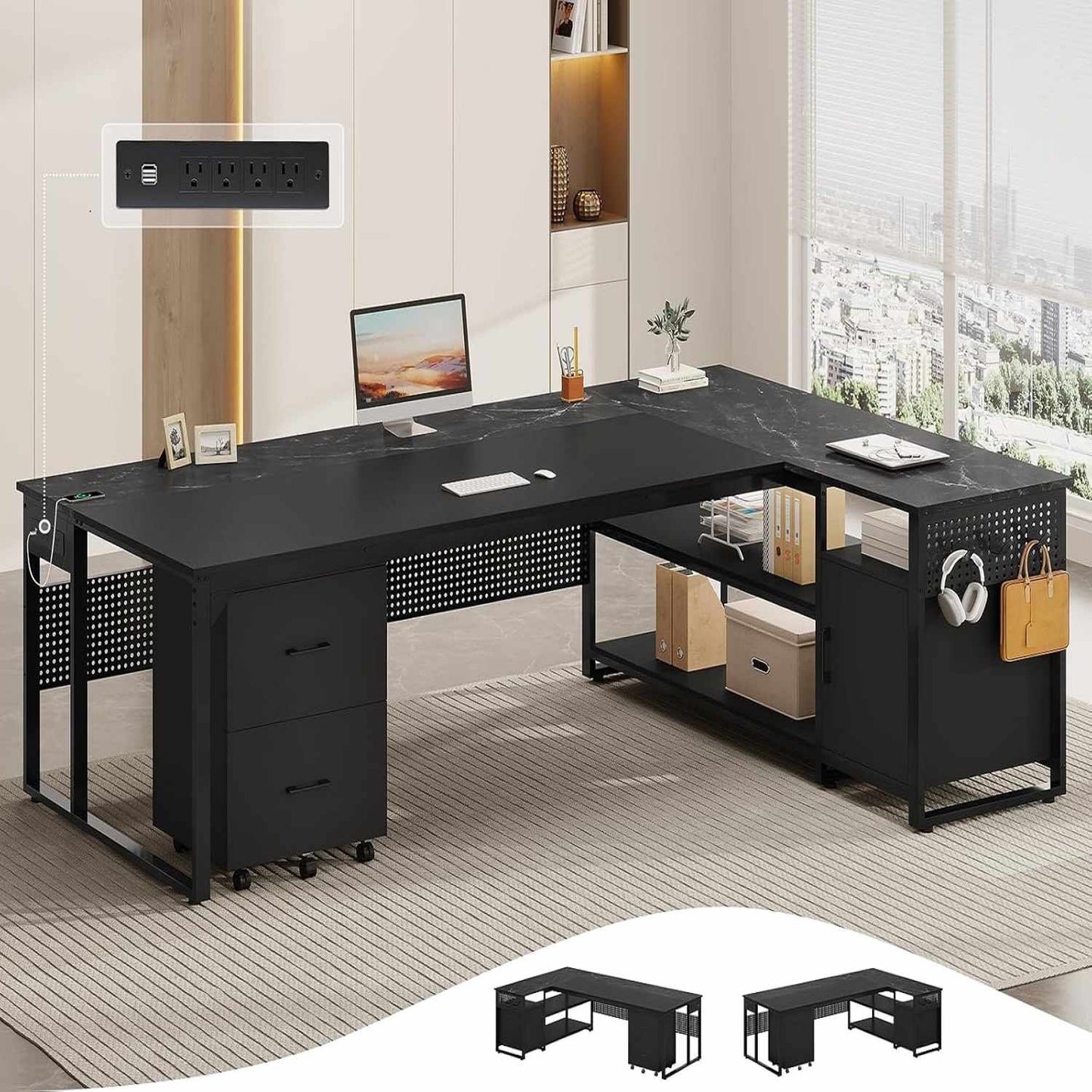 71 in Reversible L Shaped Executive Desk Black