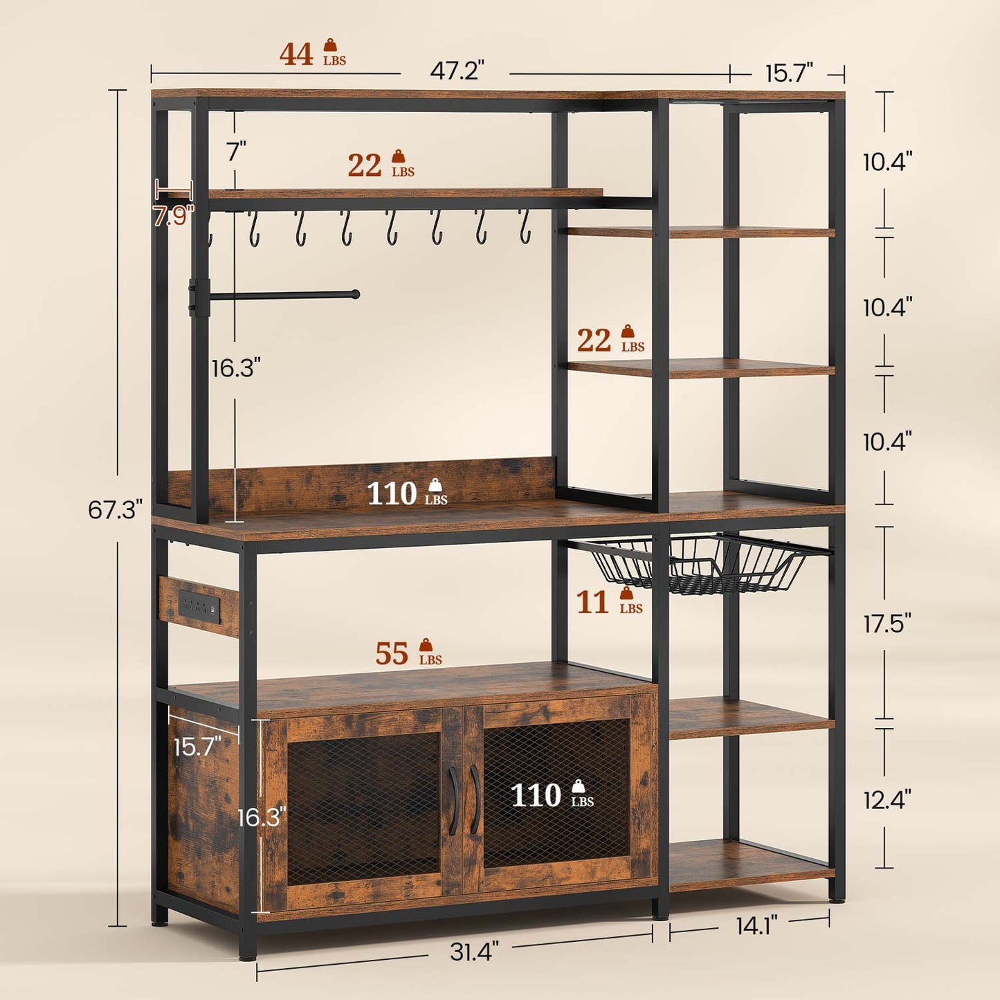 47.2 in Bakers Rack with Storage Shelves Rustic Brown