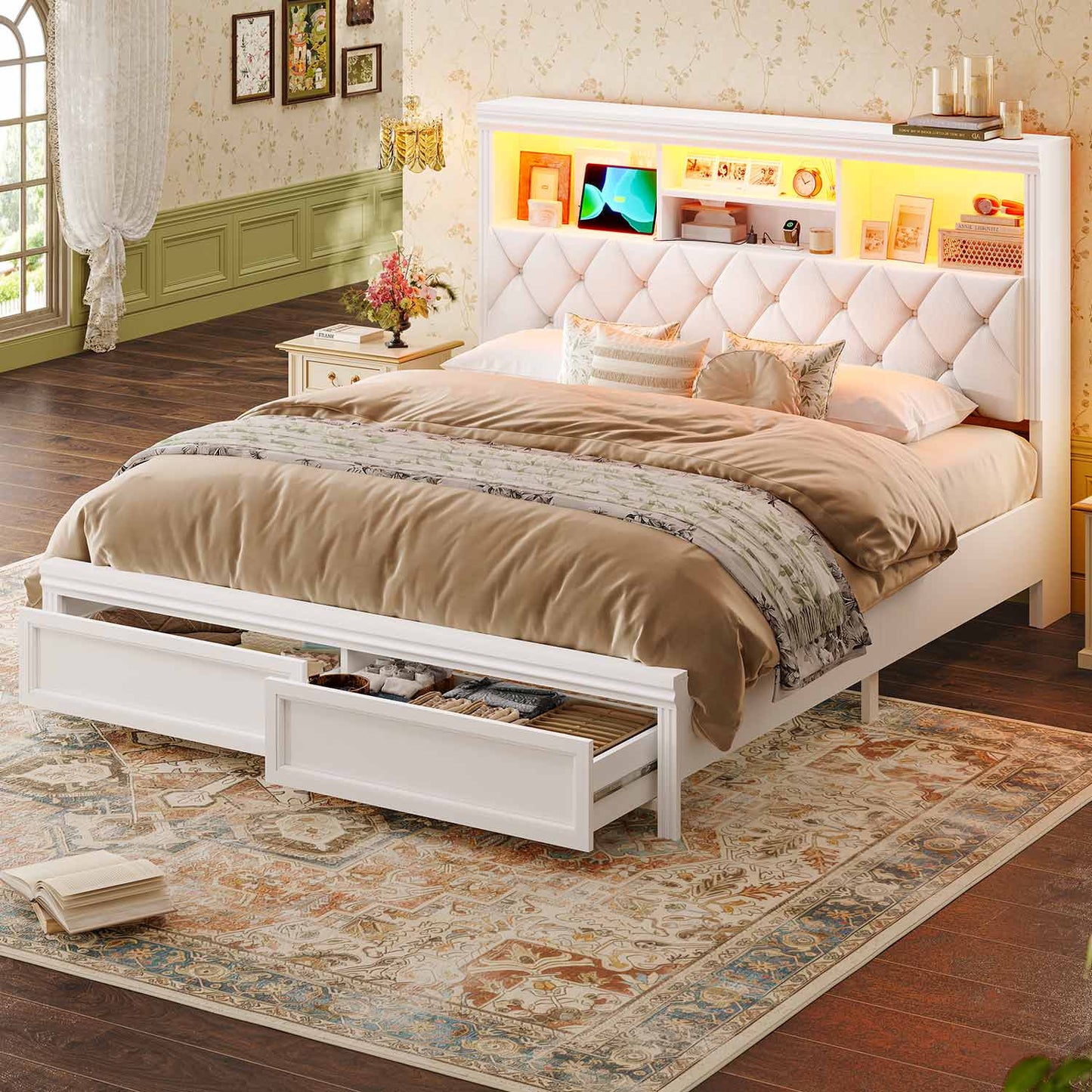 53.4"Tall Bed Frame with LED Bed Frame & 2 Storage Drawers White