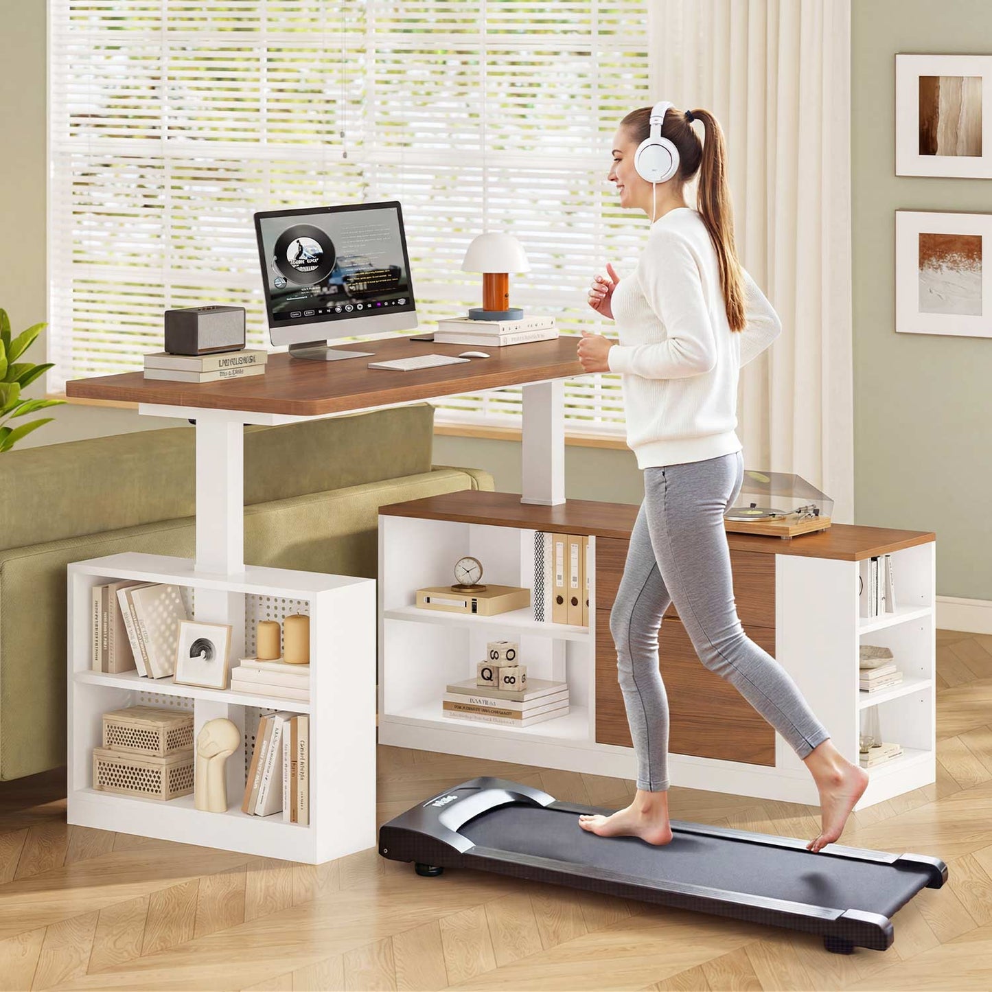 Adjustable Height Electric Standing Desk with File Drawers White & Walnut