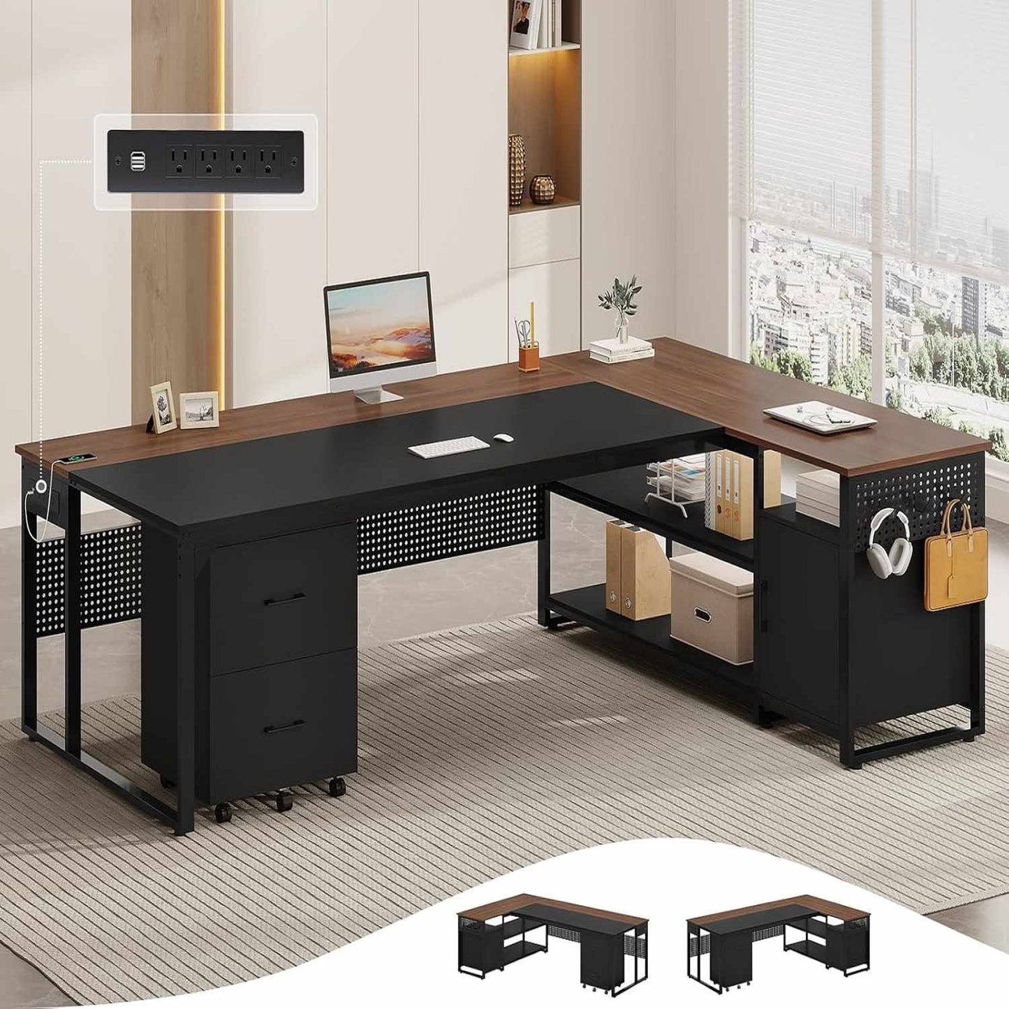71 in Reversible L Shaped Executive Desk Walnut Brown