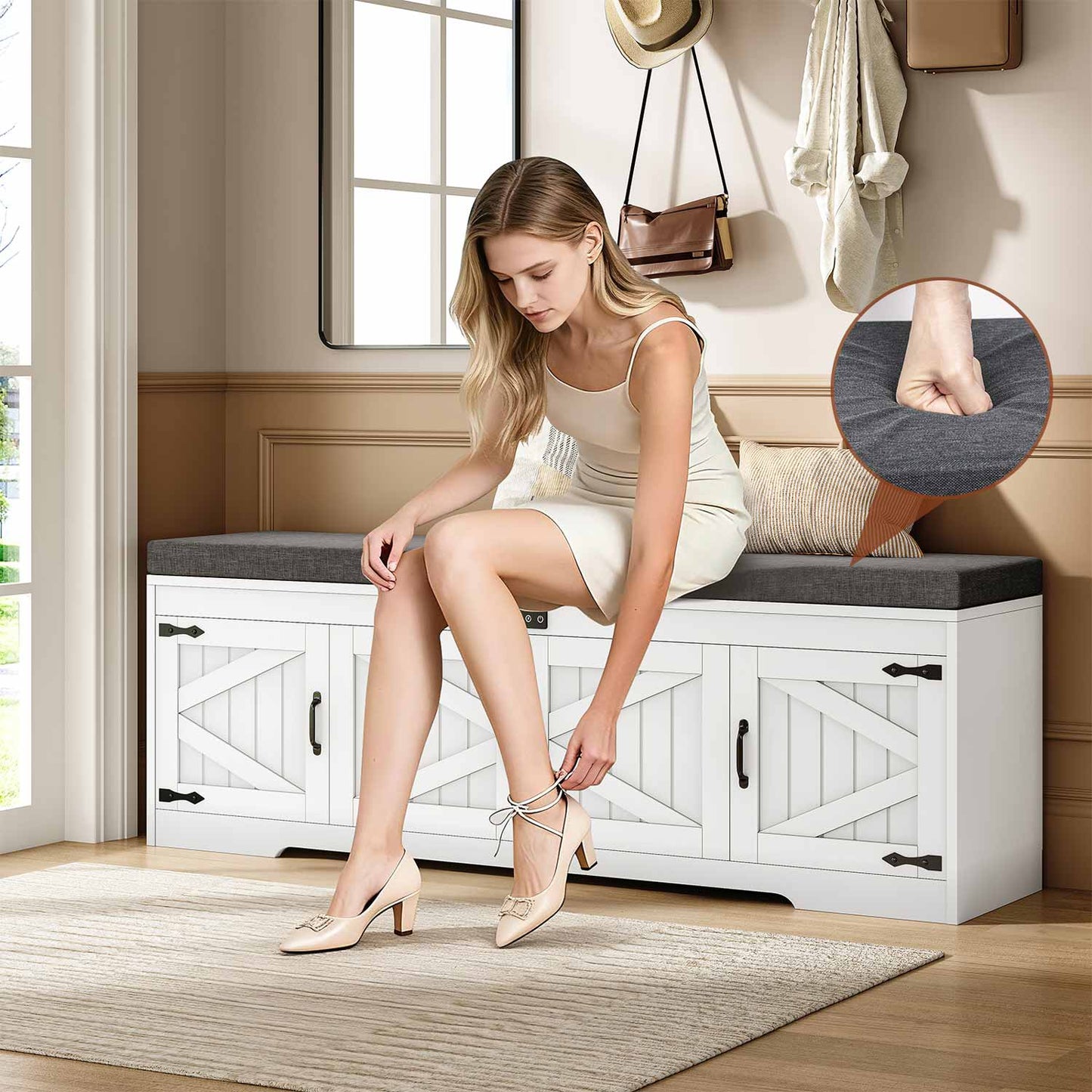 60“ Farmhouse Shoe Storage Bench with Deodorizing White