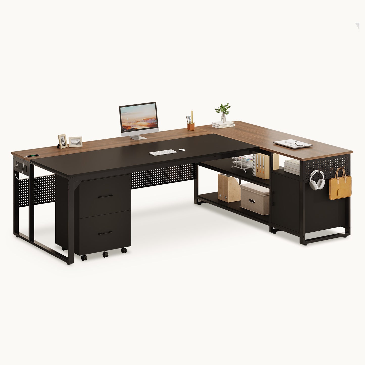 71 in Reversible L Shaped Executive Desk Walnut Brown