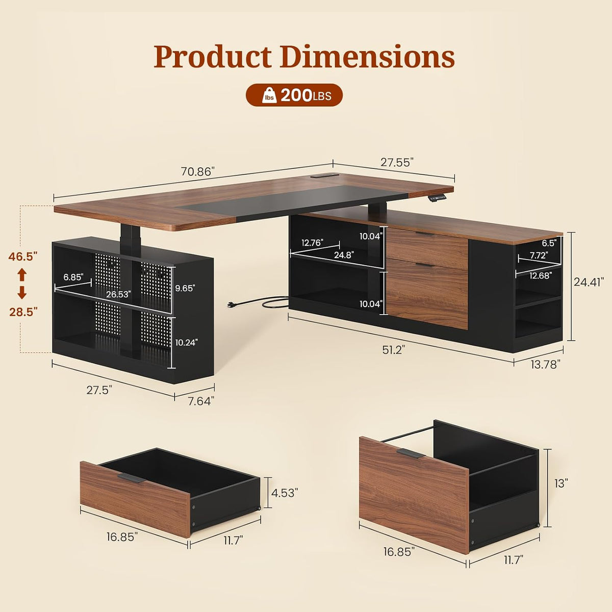Electric L Shaped Standing Desk with Storage Shelves and Power Outlet Black