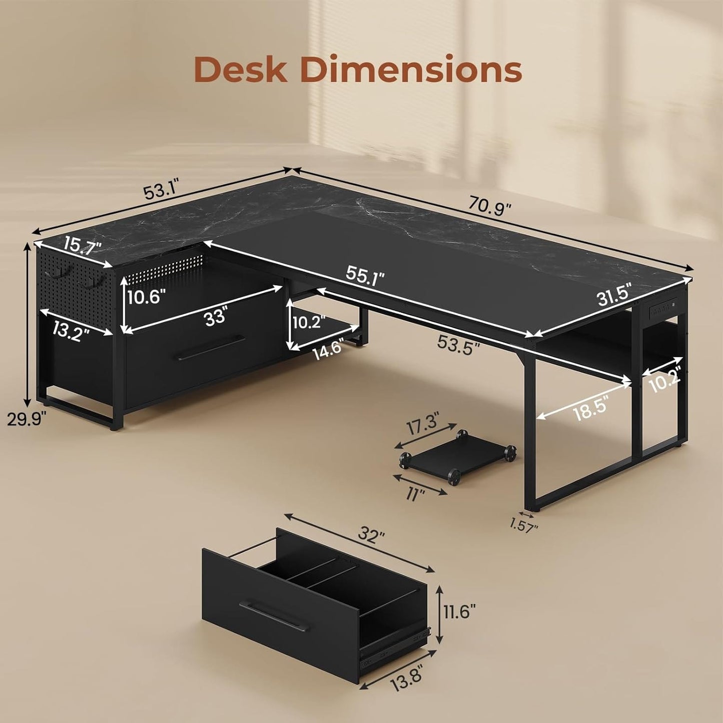 71 in Reversible L Shaped Executive Desk Black