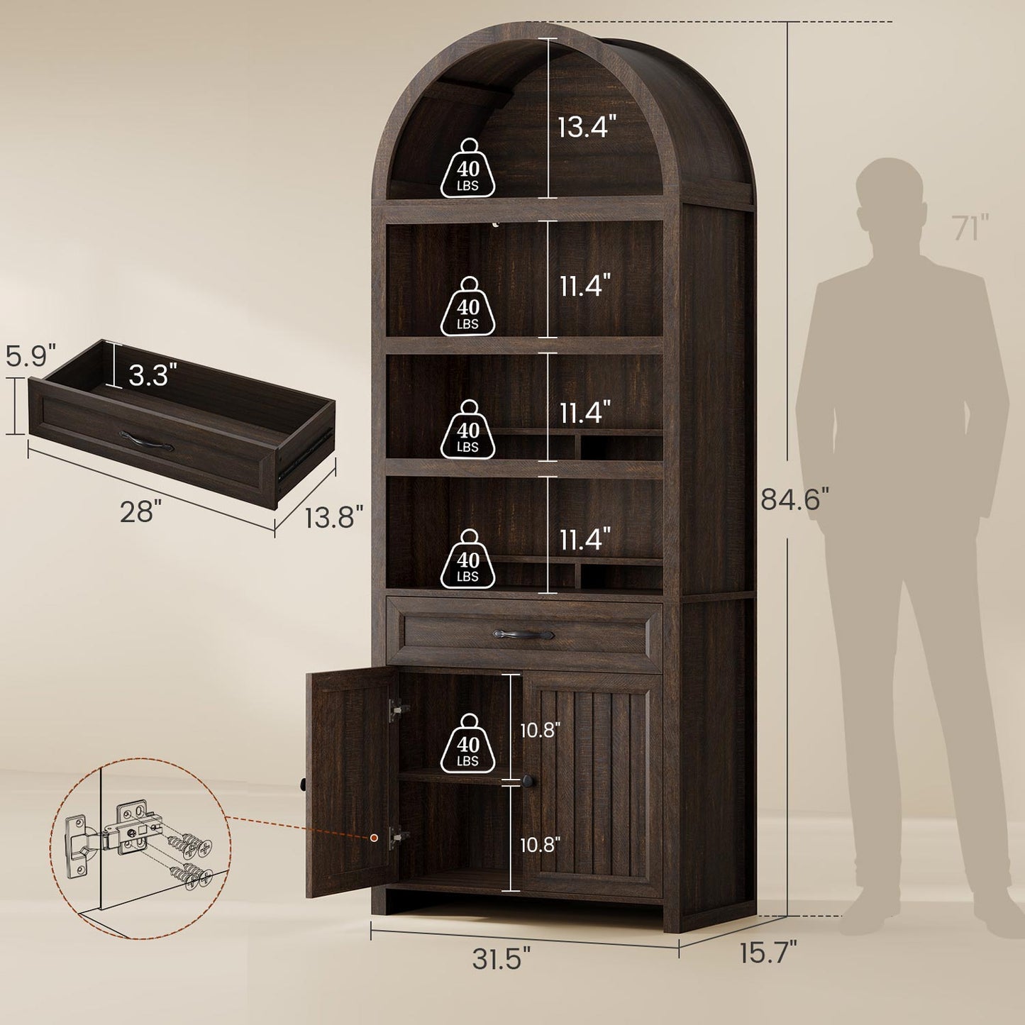 84.6" Arched 6-Tier Bookcase with Drawer Storage Walnut