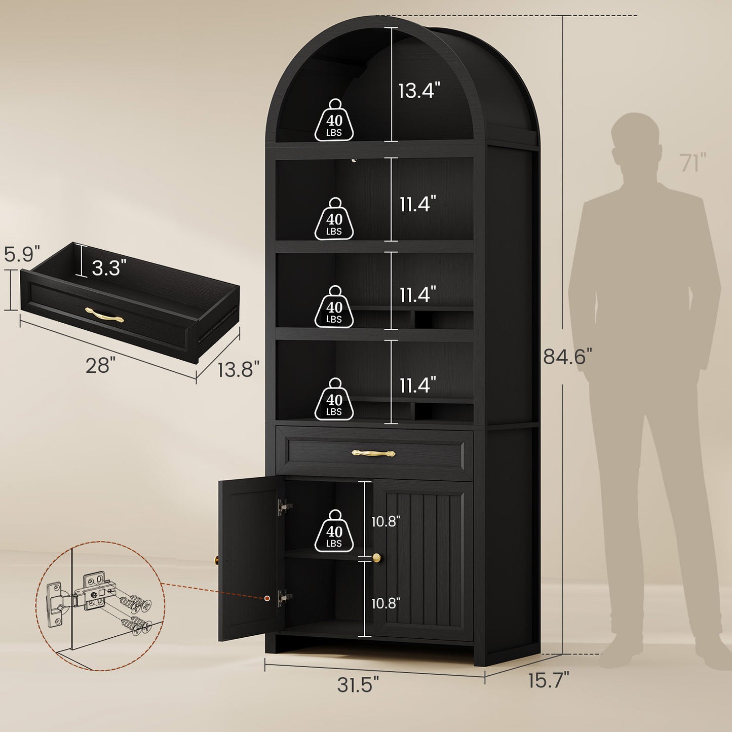 84.6" Arched 6-Tier Bookcase with Drawer Storage Black