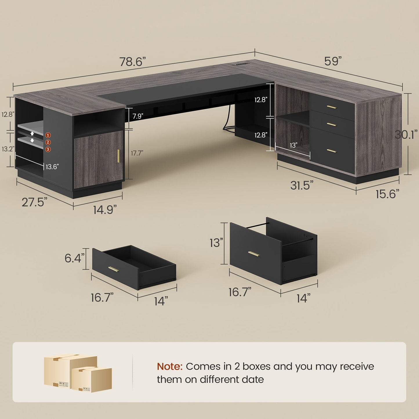 78.7" L Shaped Executive Desk with Storage Grey