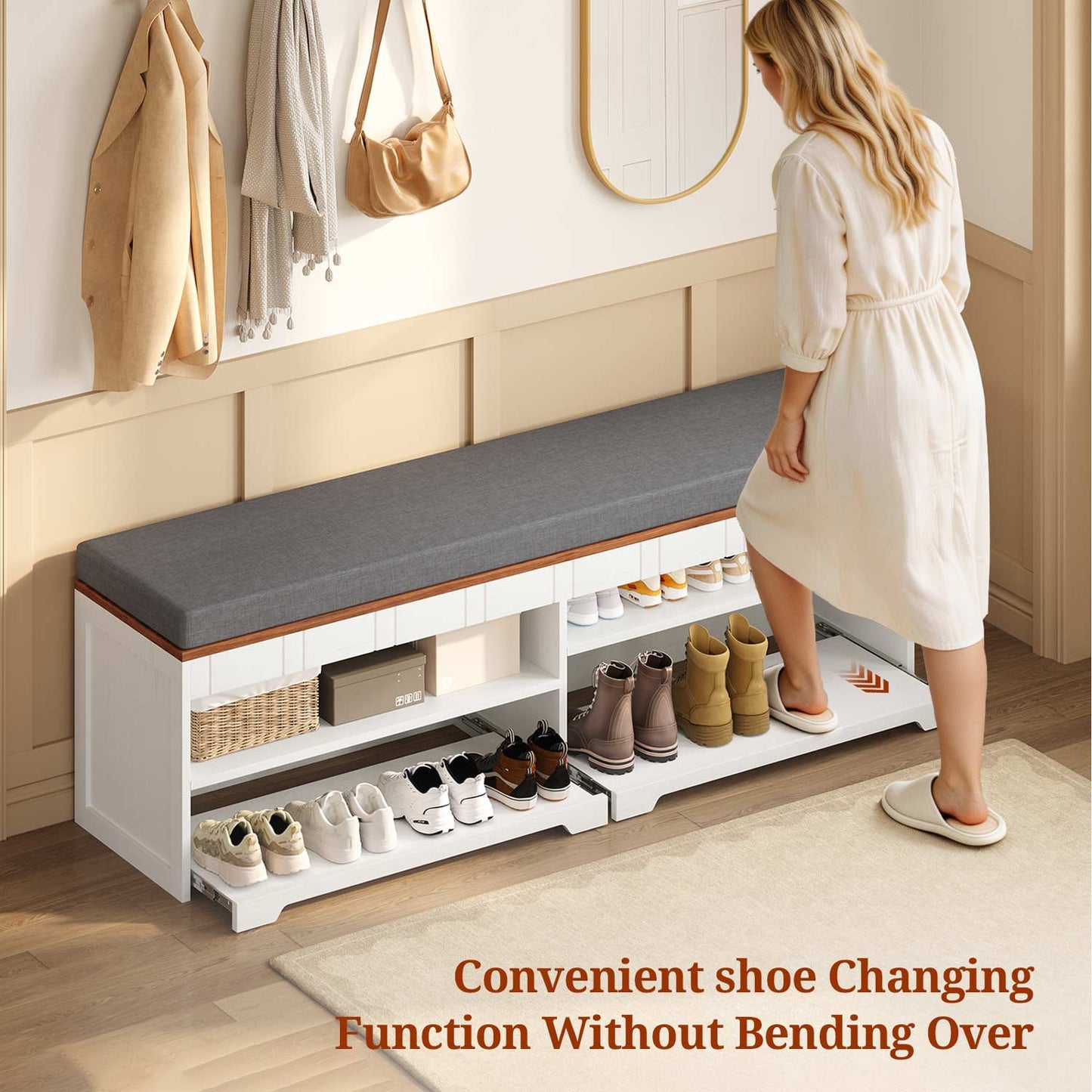 2-Tier Storage Bench with Drawer Cushion and Adjustable Shelf White