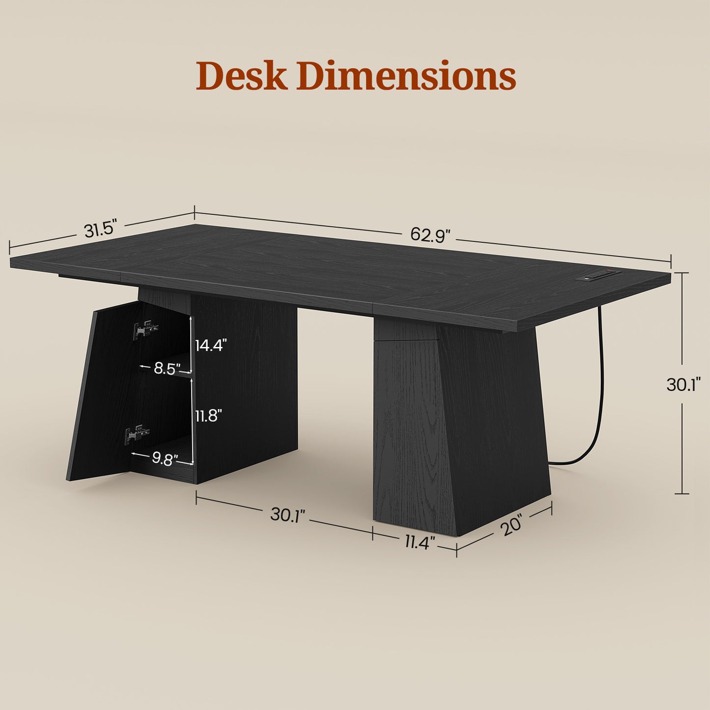 63" Executive Desk with Power Outlets & Storage Shelves Black
