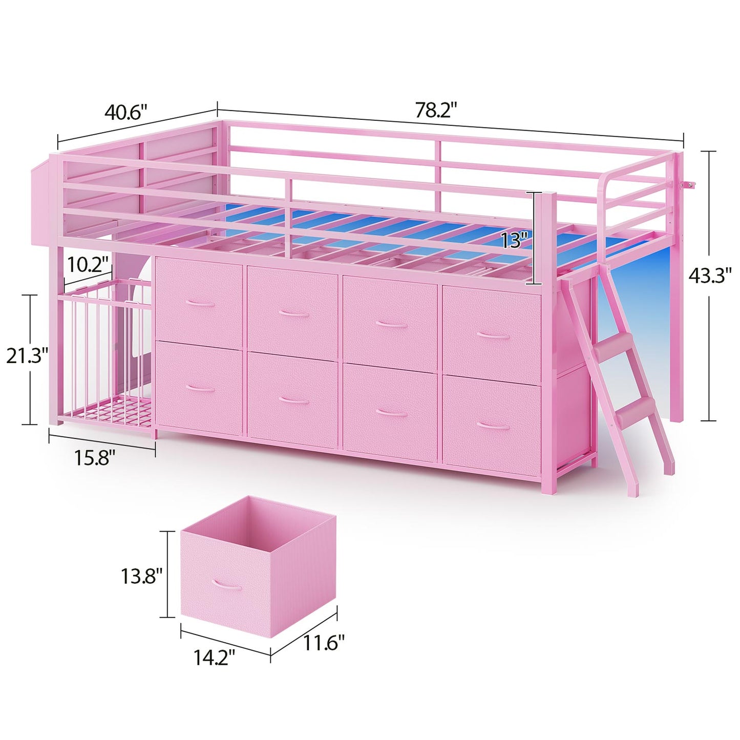 Twin Size Low Loft Bed with RGB Lights & 8 Drawers Pink