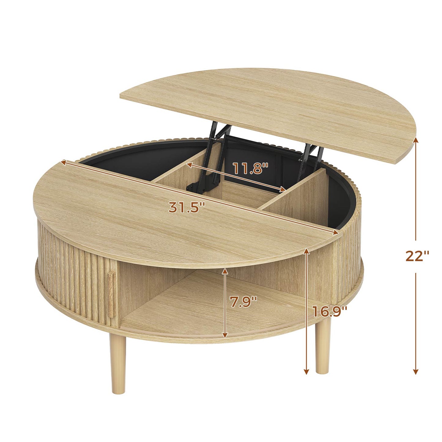 31.5 in Round Lift Top Coffee Table with 180° Curved Sliding Door Oak