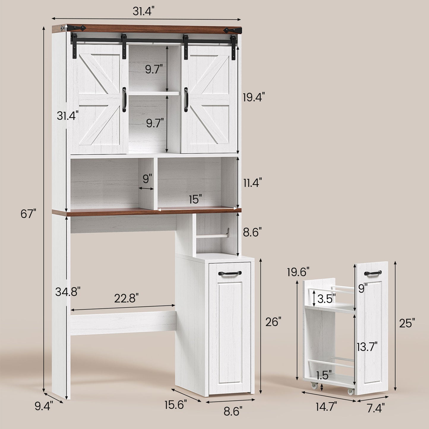 Farmhouse Over The Toilet Storage Cabinet with Slide Barn Doors White
