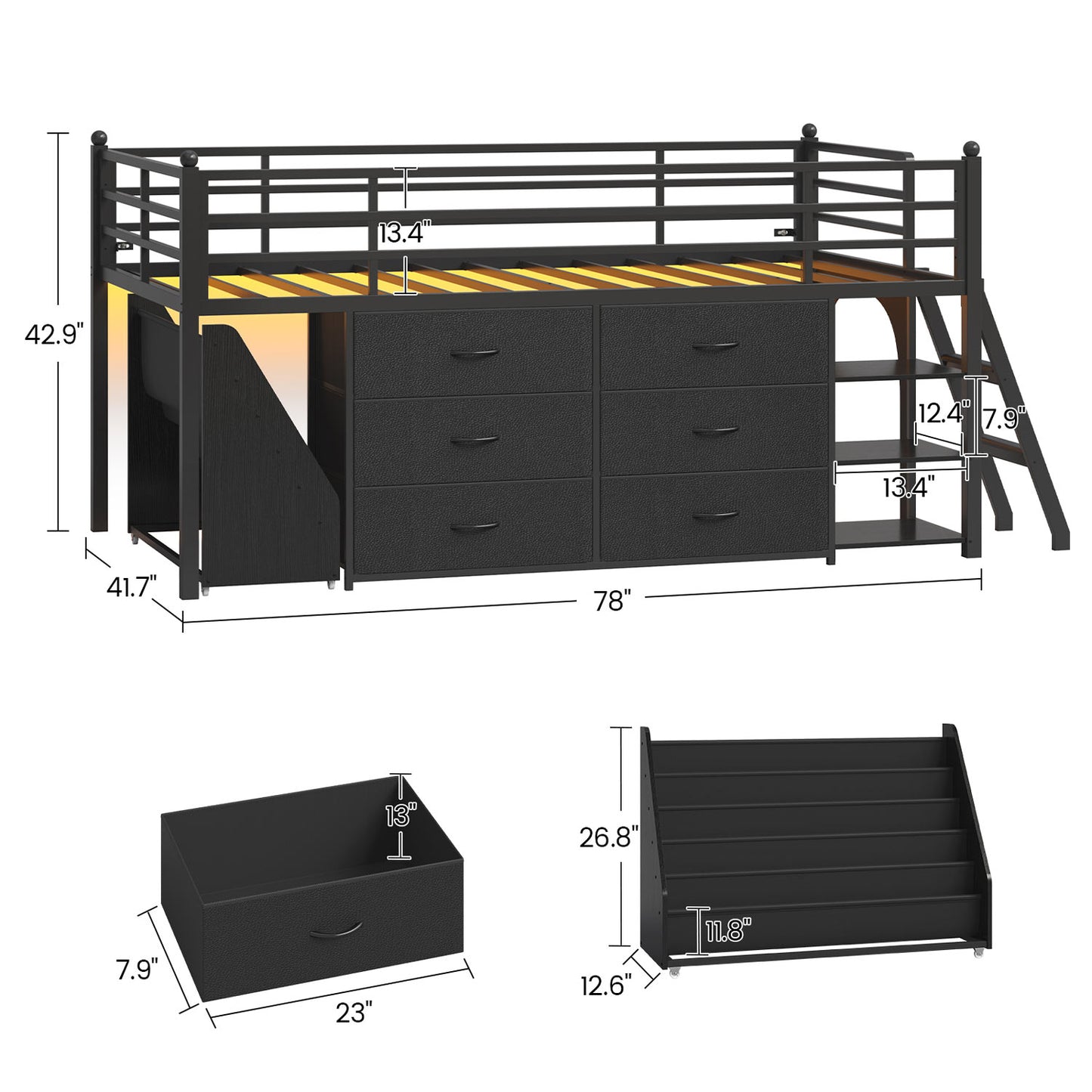 Kids Twin Loft Bed with Pull-Out Rolling Bookshelf & LED Light Black
