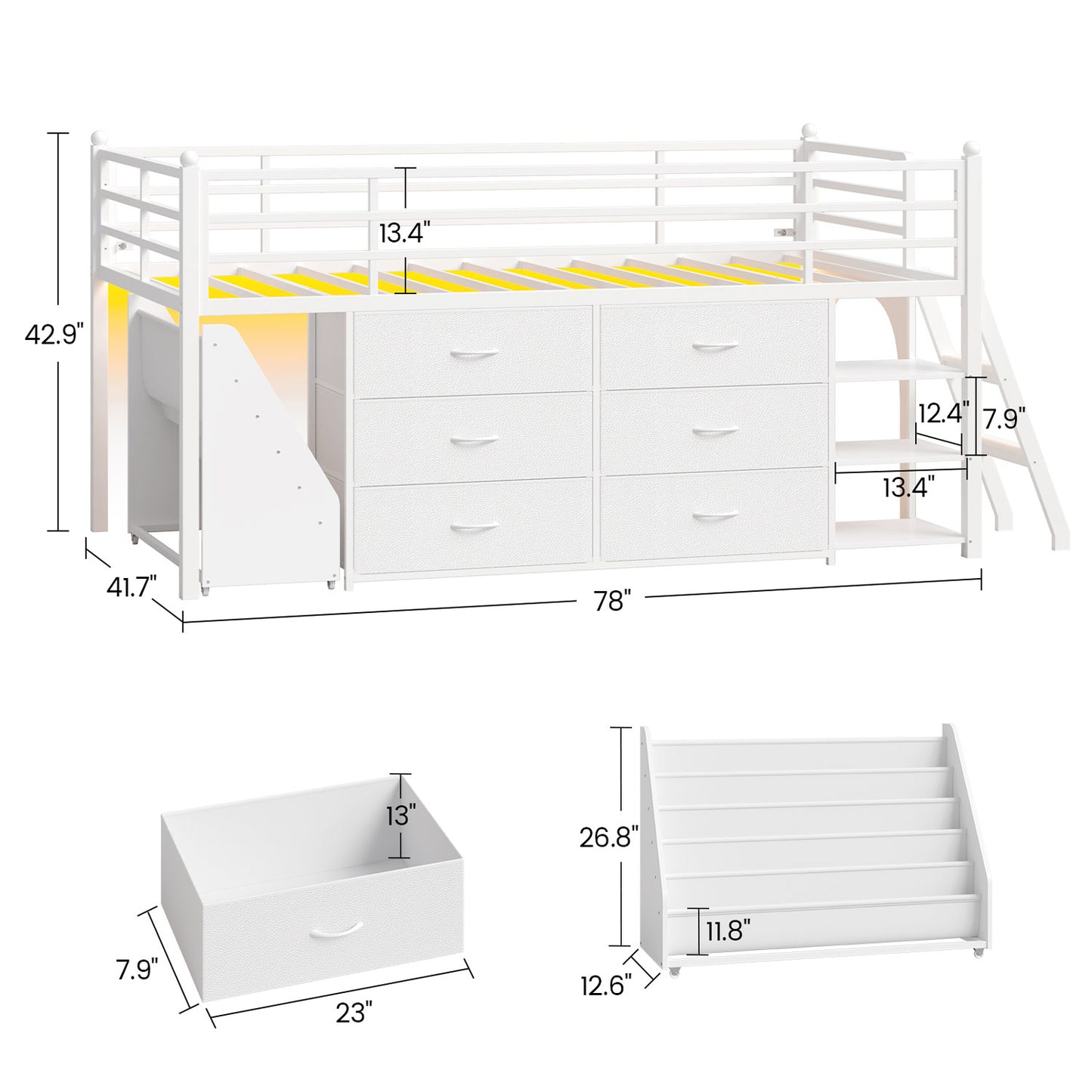 Kids Twin Loft Bed with Pull-Out Rolling Bookshelf & LED Light White