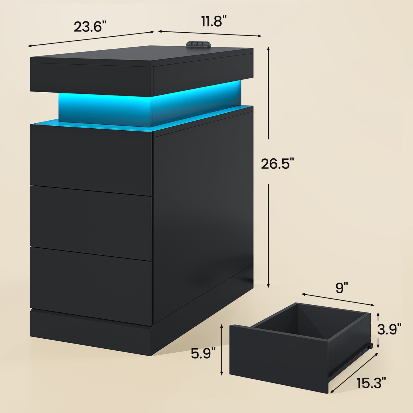 Narrow Nightstand with Charging Station Black